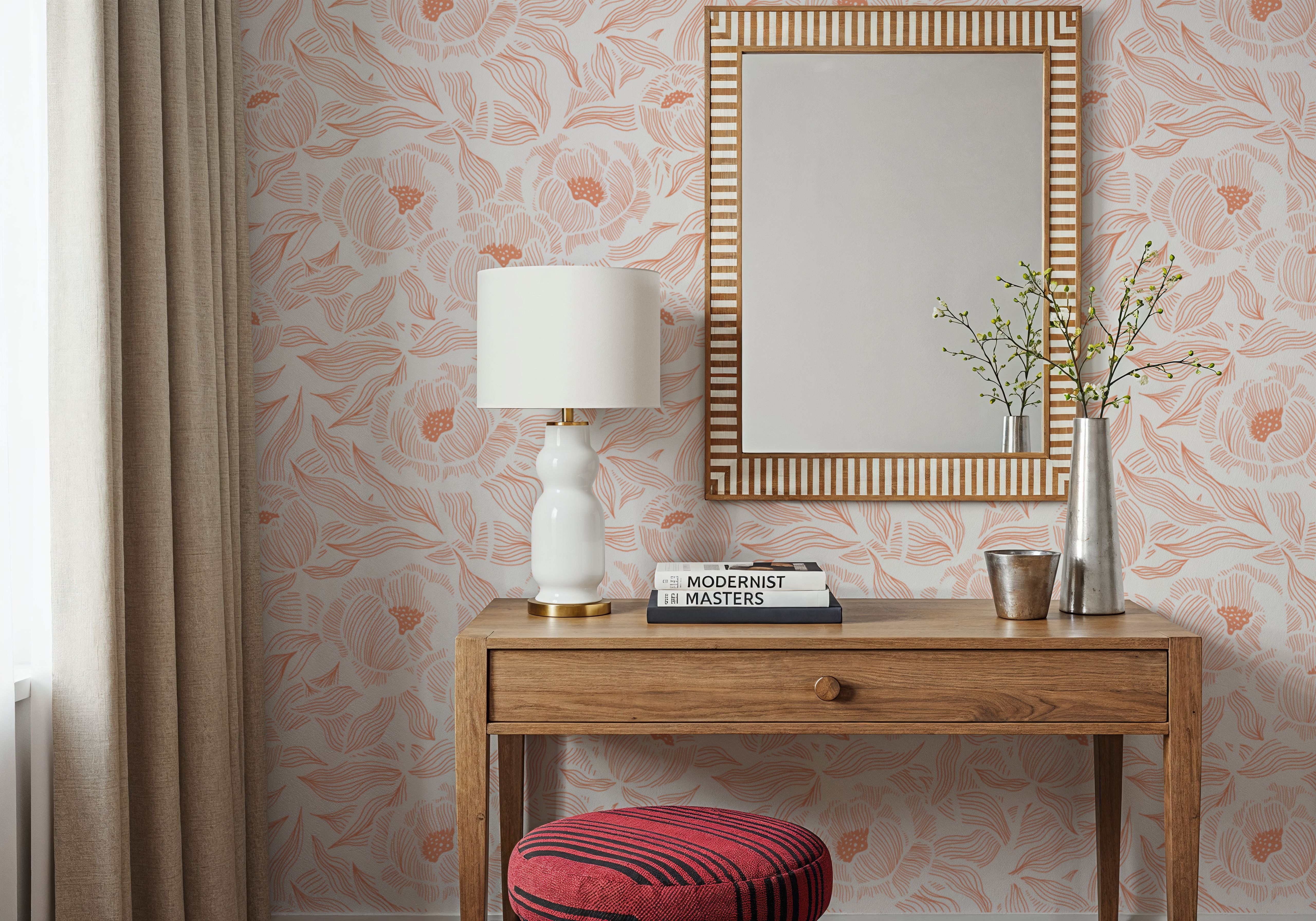 Hidden Peonies, Orange on White