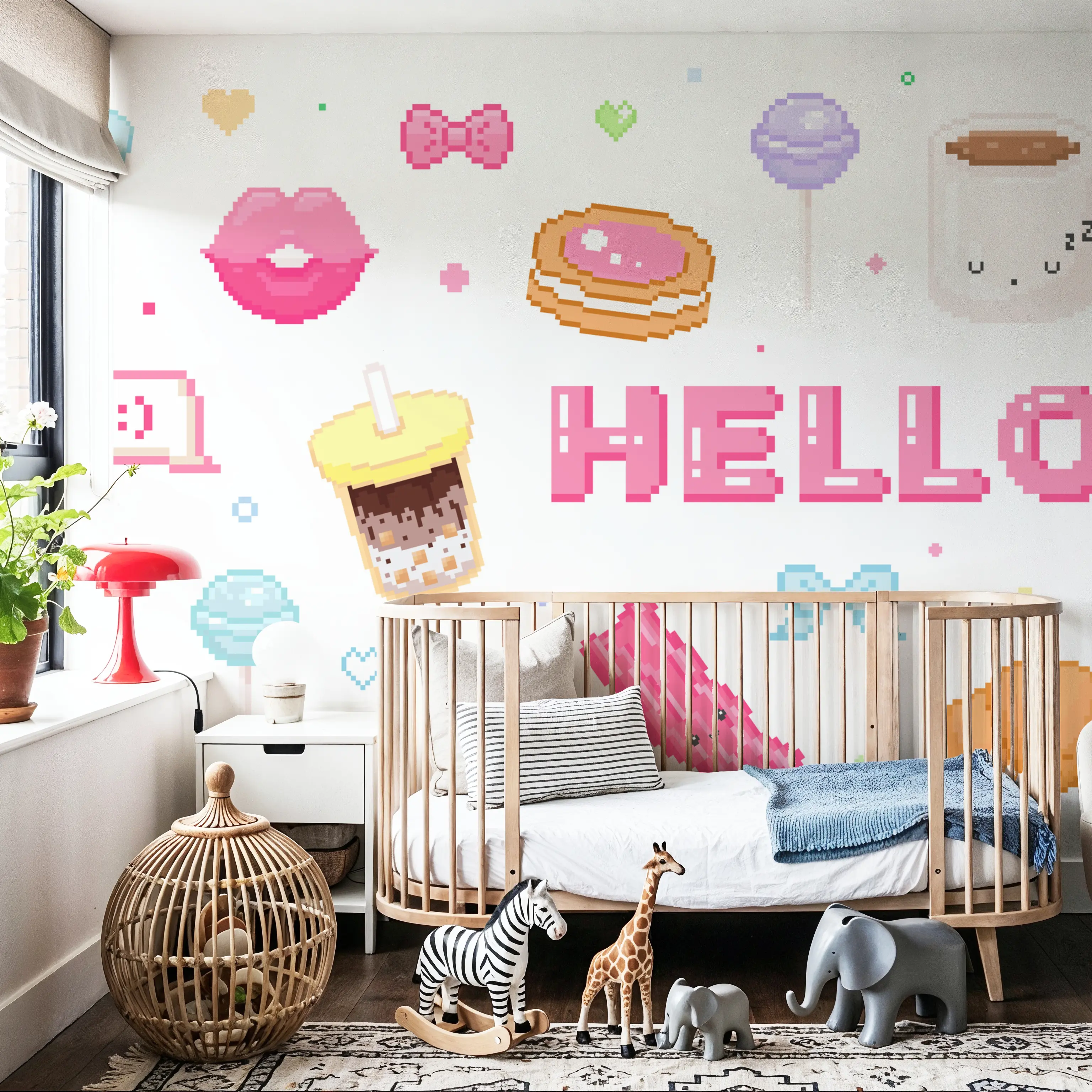 Fotobehang - Cute Pixel Hello Light - Grafische Kunst Pop Art Mural - Roze - Kinderkamer - Wallism België - Zelfklevend of Vliesbehang