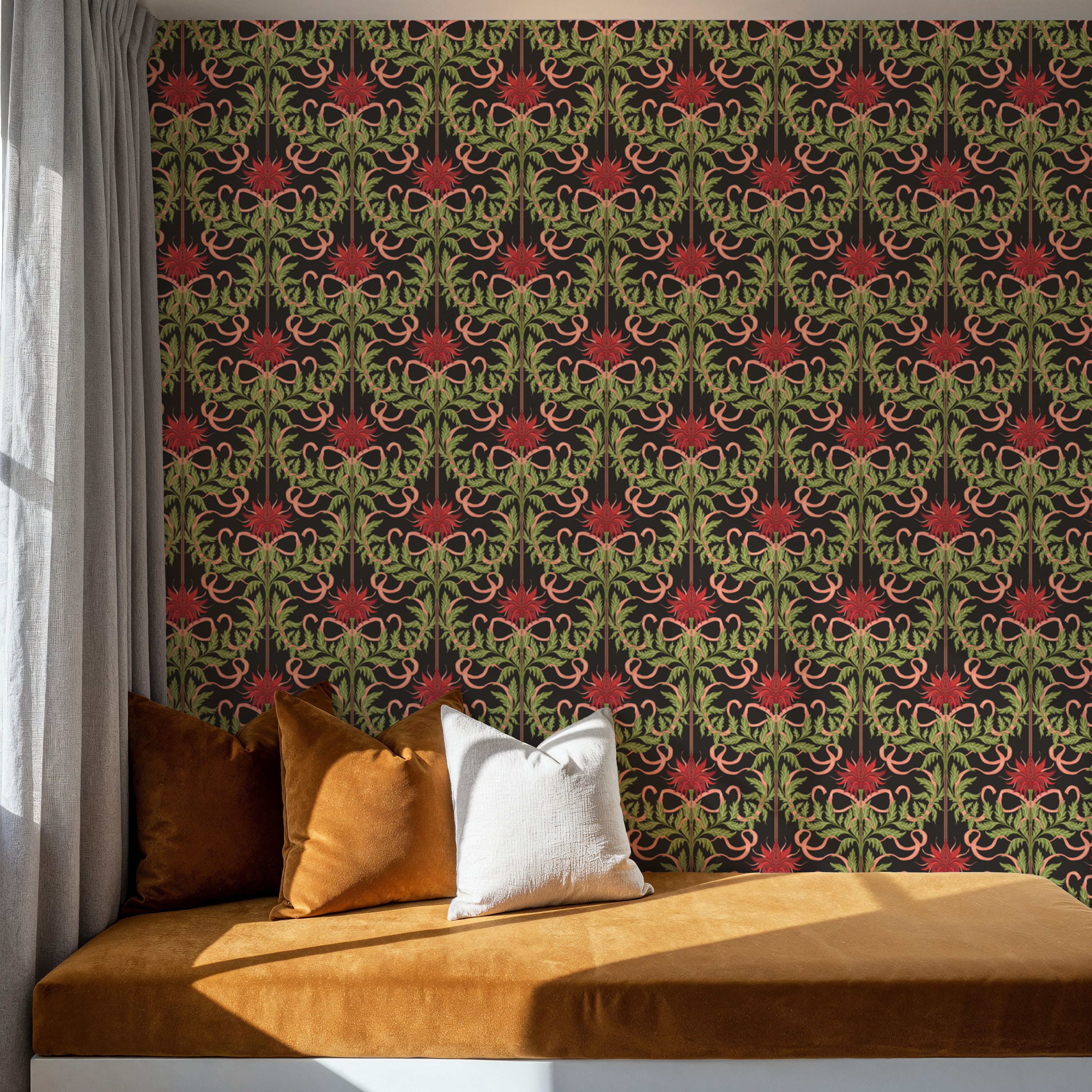 Floral Damask & Bows, Vermilion