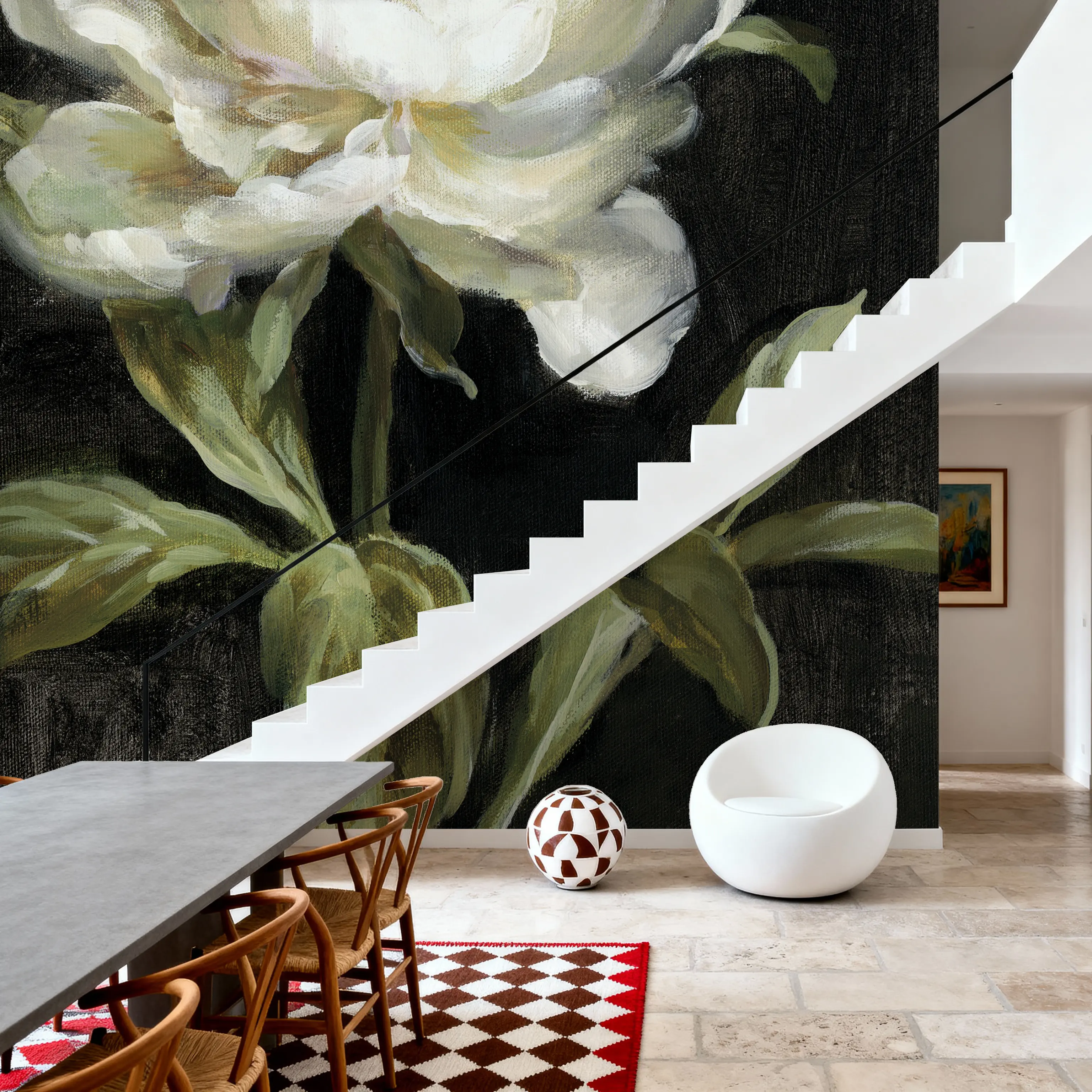 Wall Mural - Peony on Black - Floral Nature mural wallpaper - White - Offices - Wallism UK - Peel & Stick or Paste-the-Wall