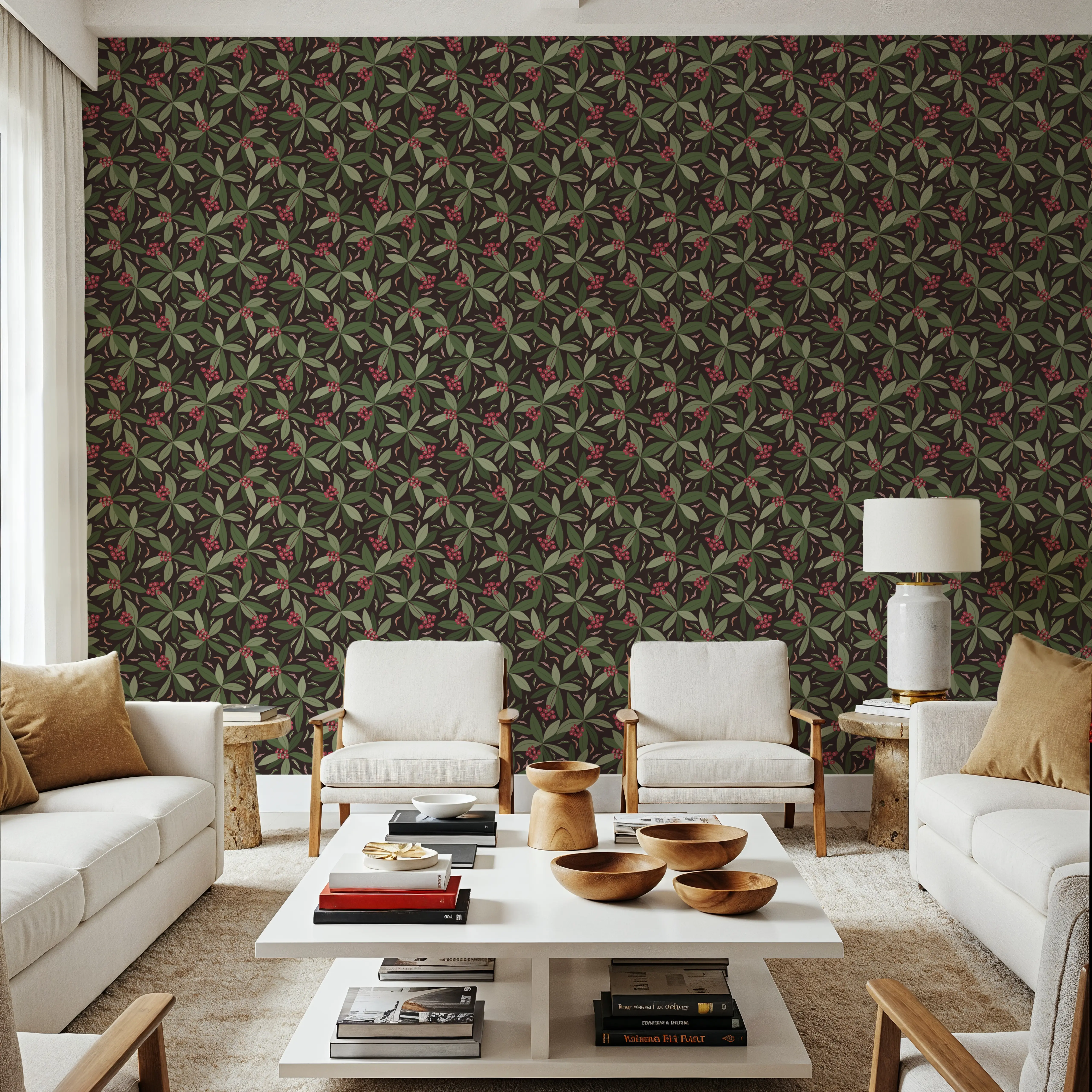 Wallpaper - Darley Dale - Floral Nature - Green - Offices - Wallism UK - Peel & Stick or Paste-the-Wall