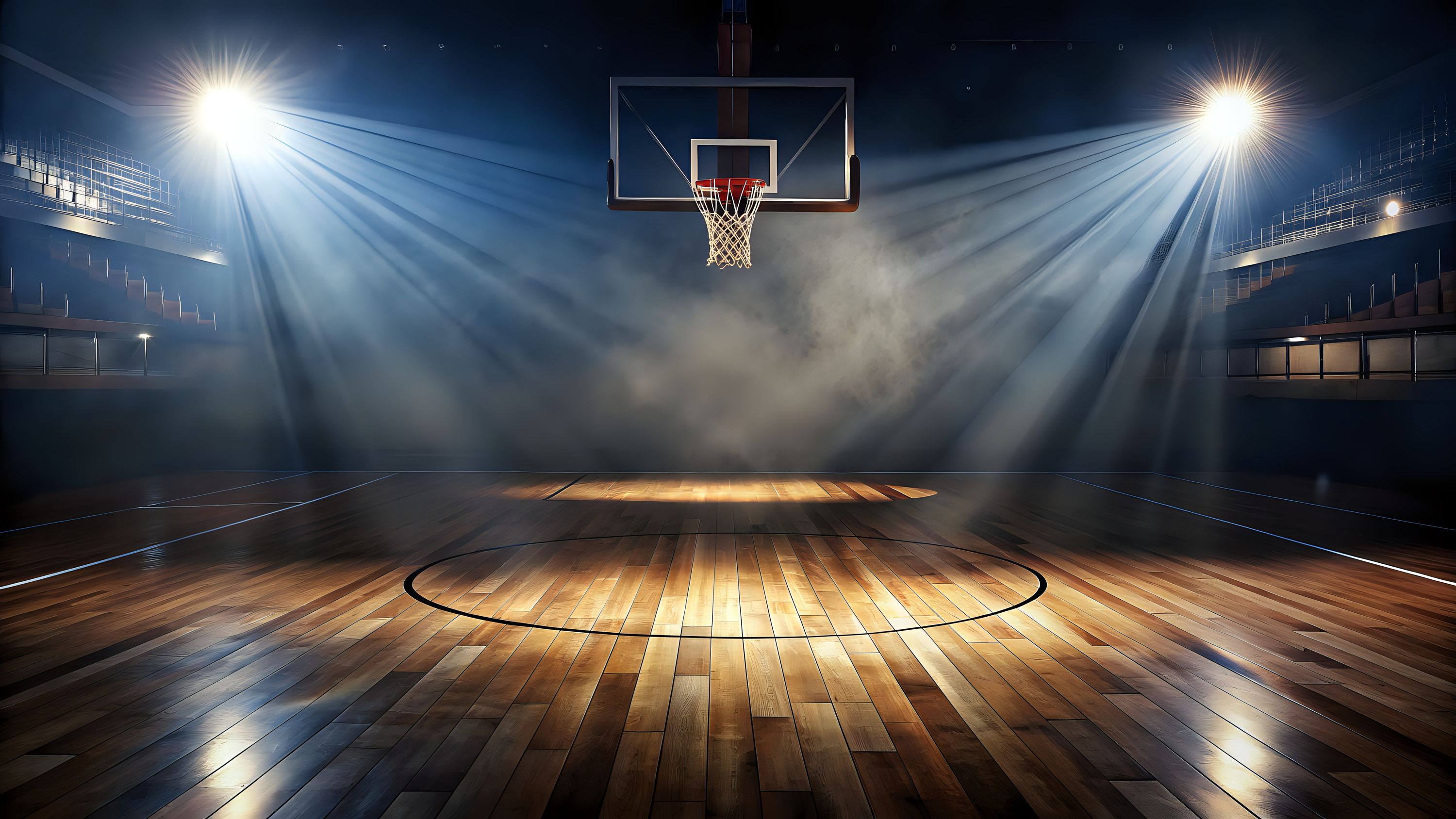 Spotlights pointed at the middle of a basketball court
