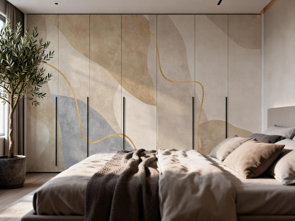 A photo of a minimalistic bedroom with a wardrobe wall, the doors are covered in a minimalistic abstract wall mural motif in muted beige colors