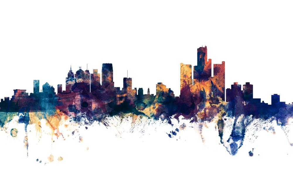 Detroit Michigan Skyline Blue & Bronze
