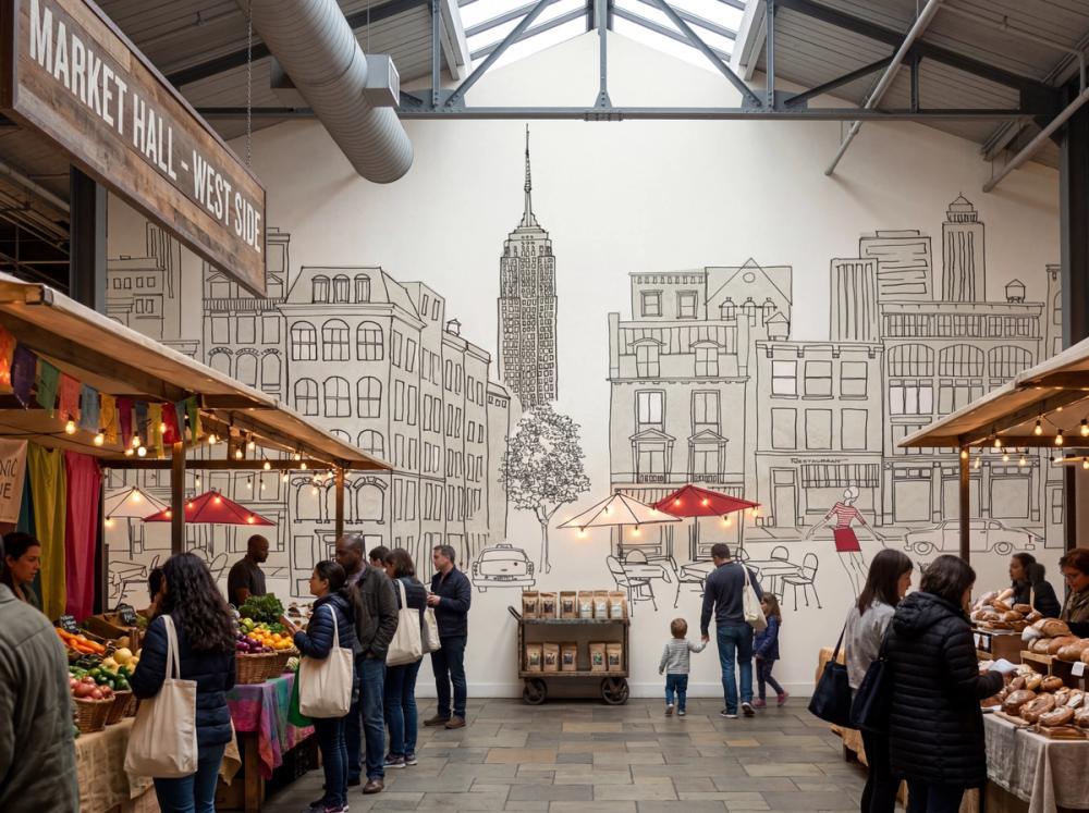 an interior photo of a manhattan indoor food market with a city street wallpaper mural on the wall
