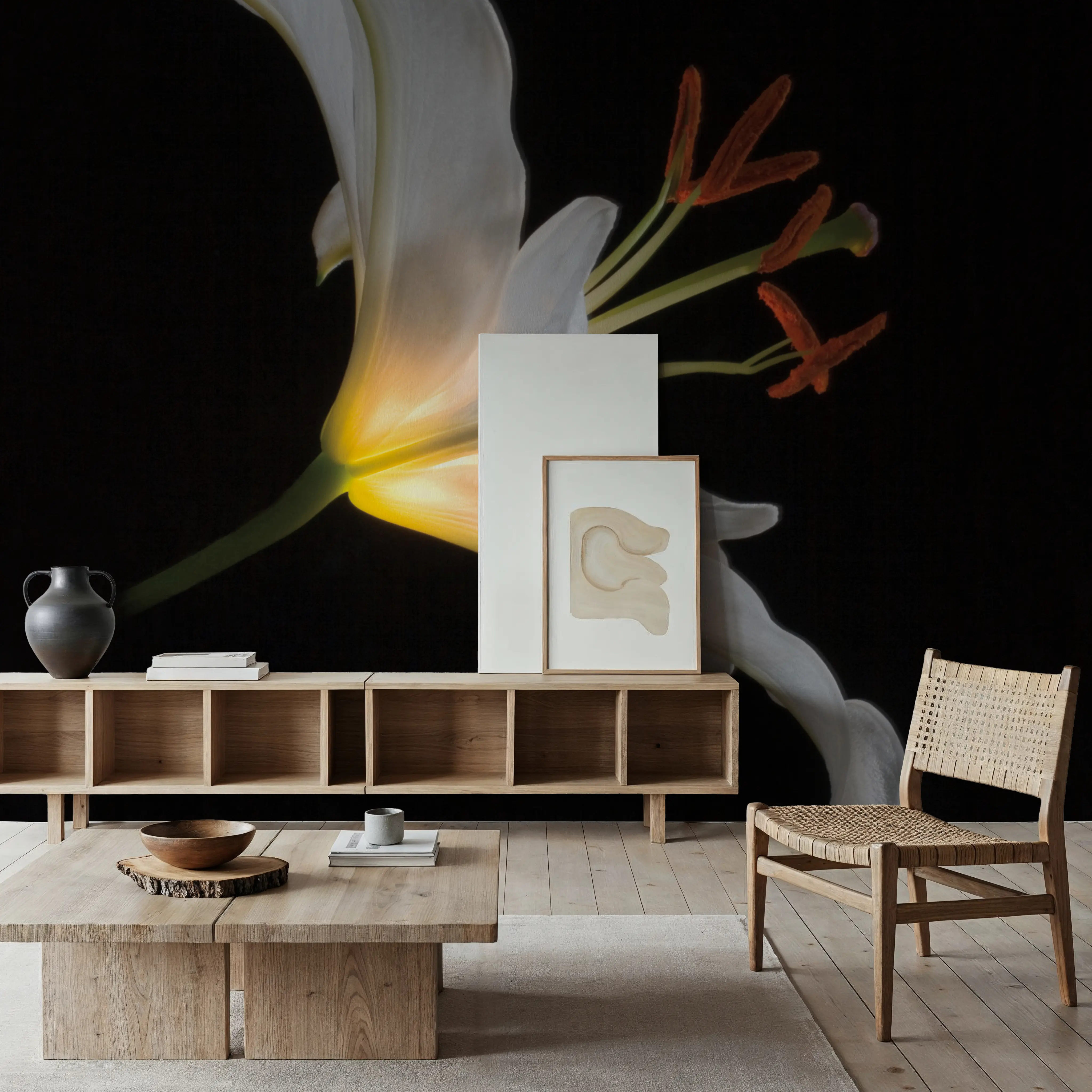 Wall Mural - Lily Light Square - Floral Nature mural wallpaper - White - Offices - Wallism UK - Peel & Stick or Paste-the-Wall