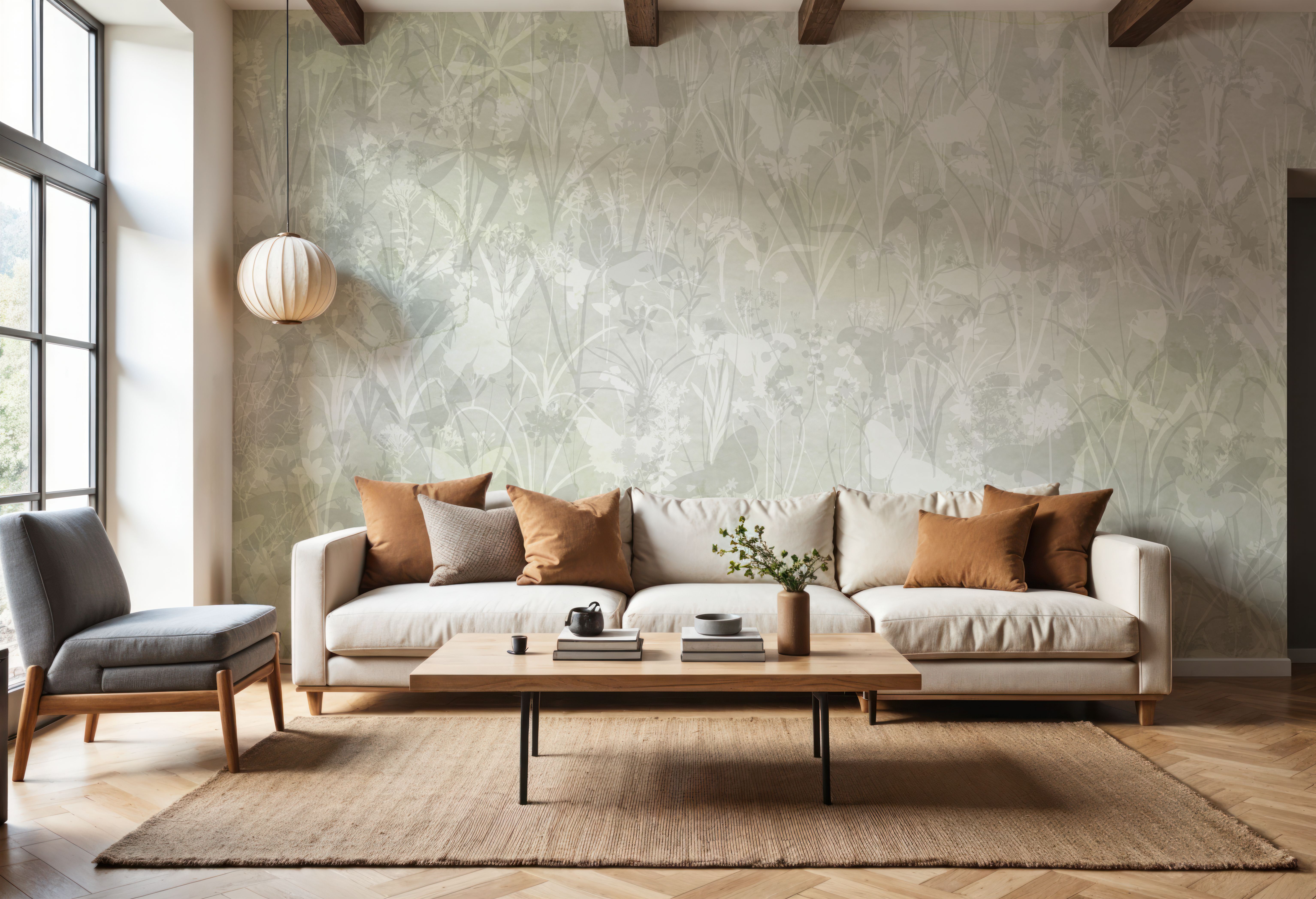 Herbals and Butterflies Double Silhouette Green, Papier peint