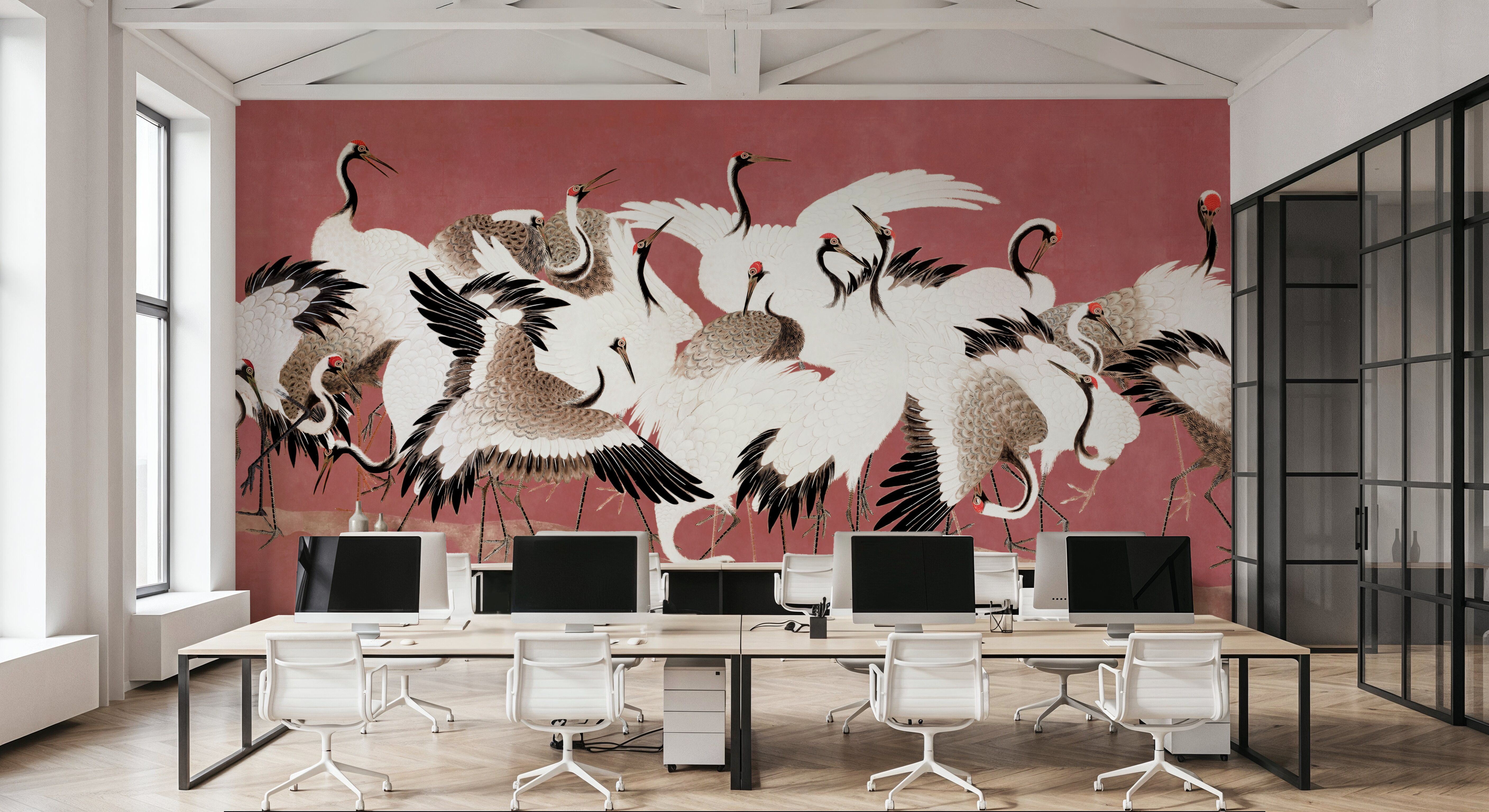 Japanese Flock of Cranes, Coral Blush