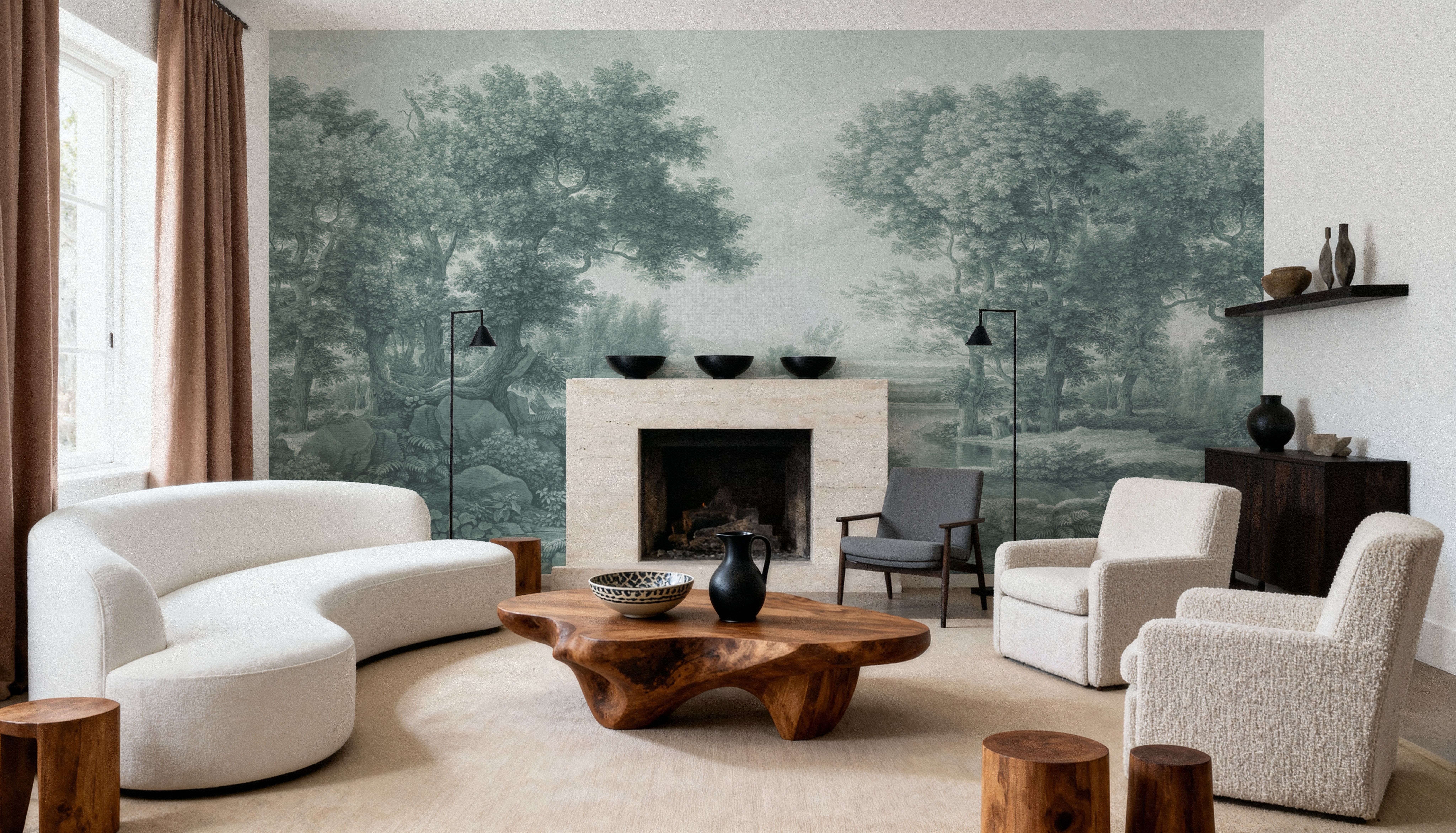 Riverbank Oak Landscape, Forest Green, Wallpaper