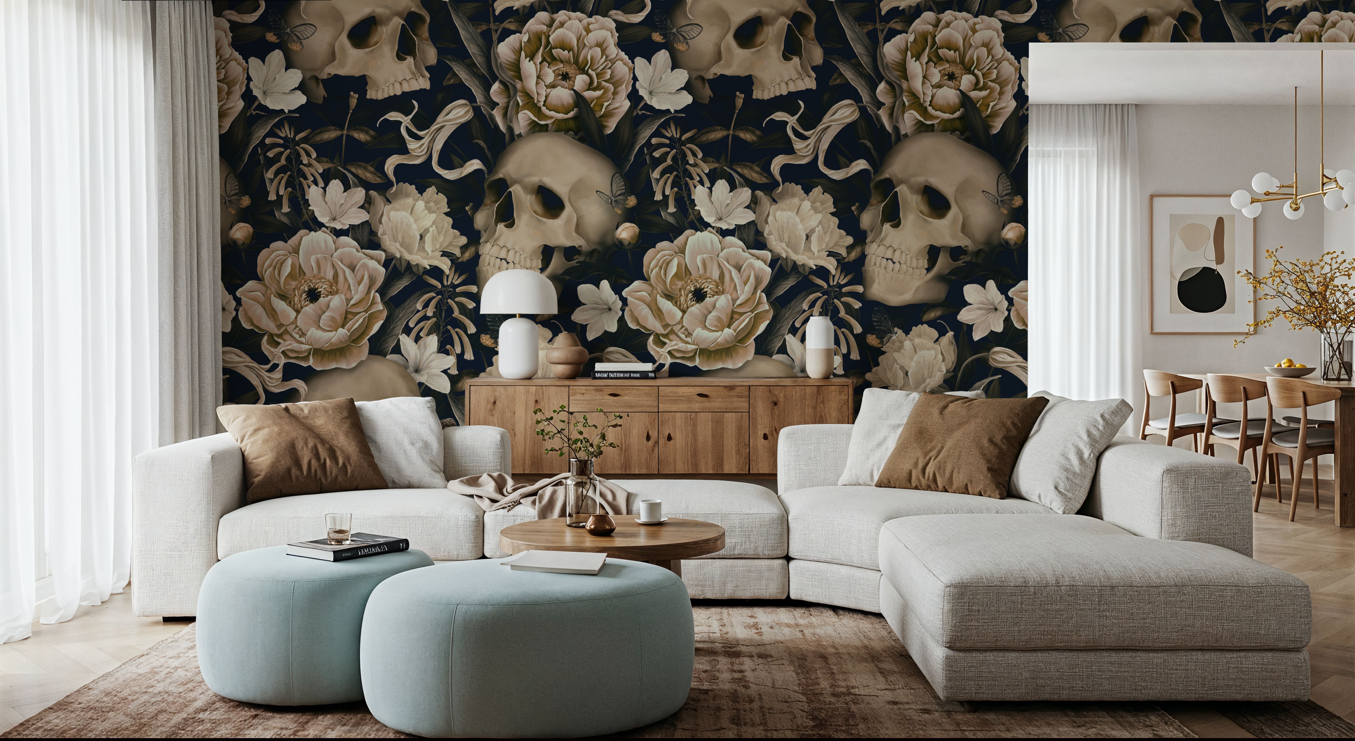 Peonies and Skulls Dark Blue