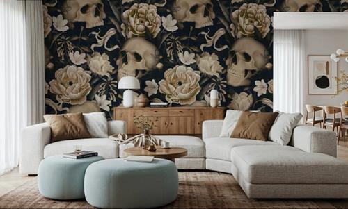 Peonies and Skulls Dark Blue