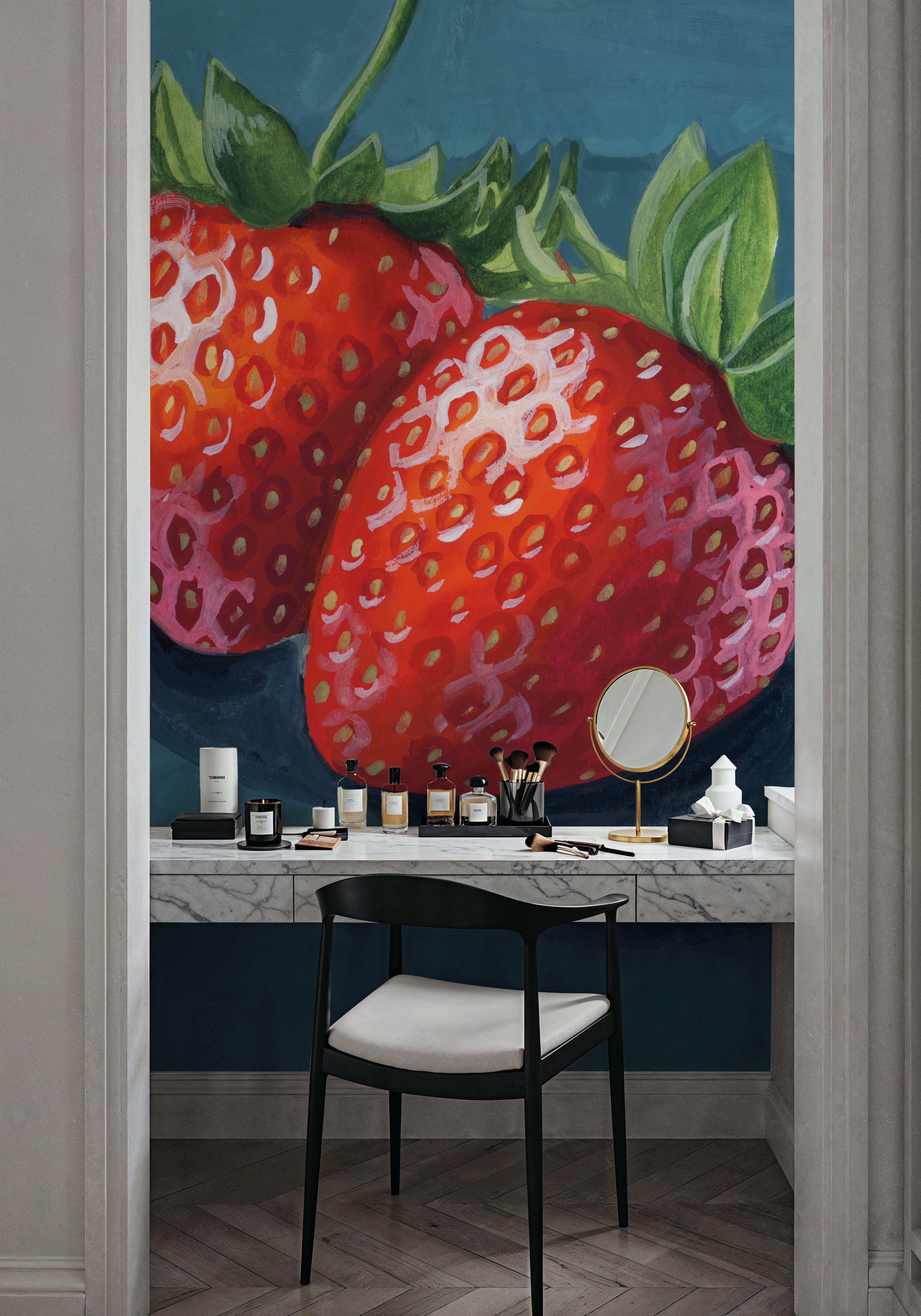Wall Mural - Strawberry Couple Portrait - Food & Drink Pop mural wallpaper - Blue - Hallway staircases - Wallism UK