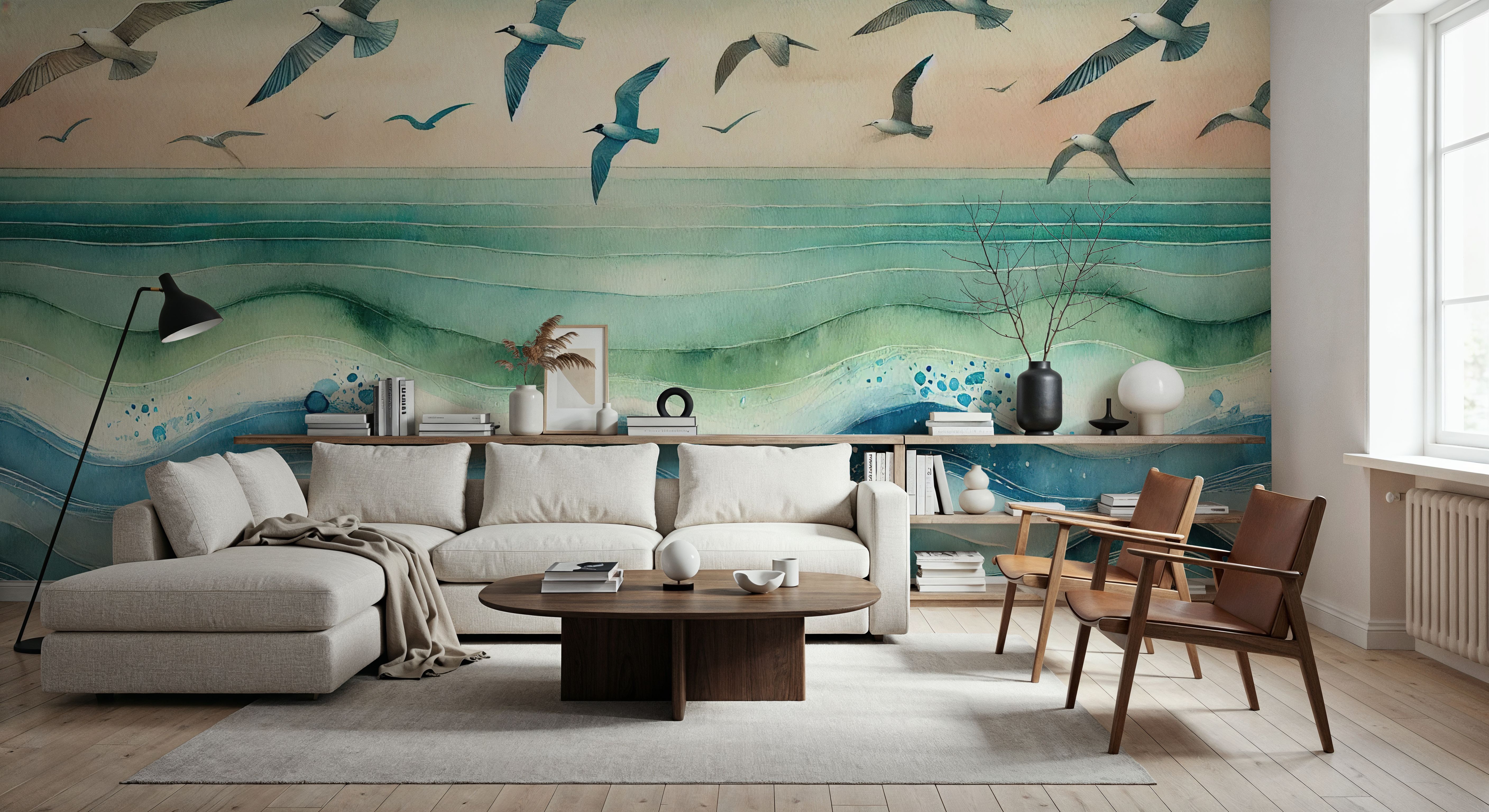 Seagulls Soar Above Waves in Art Deco