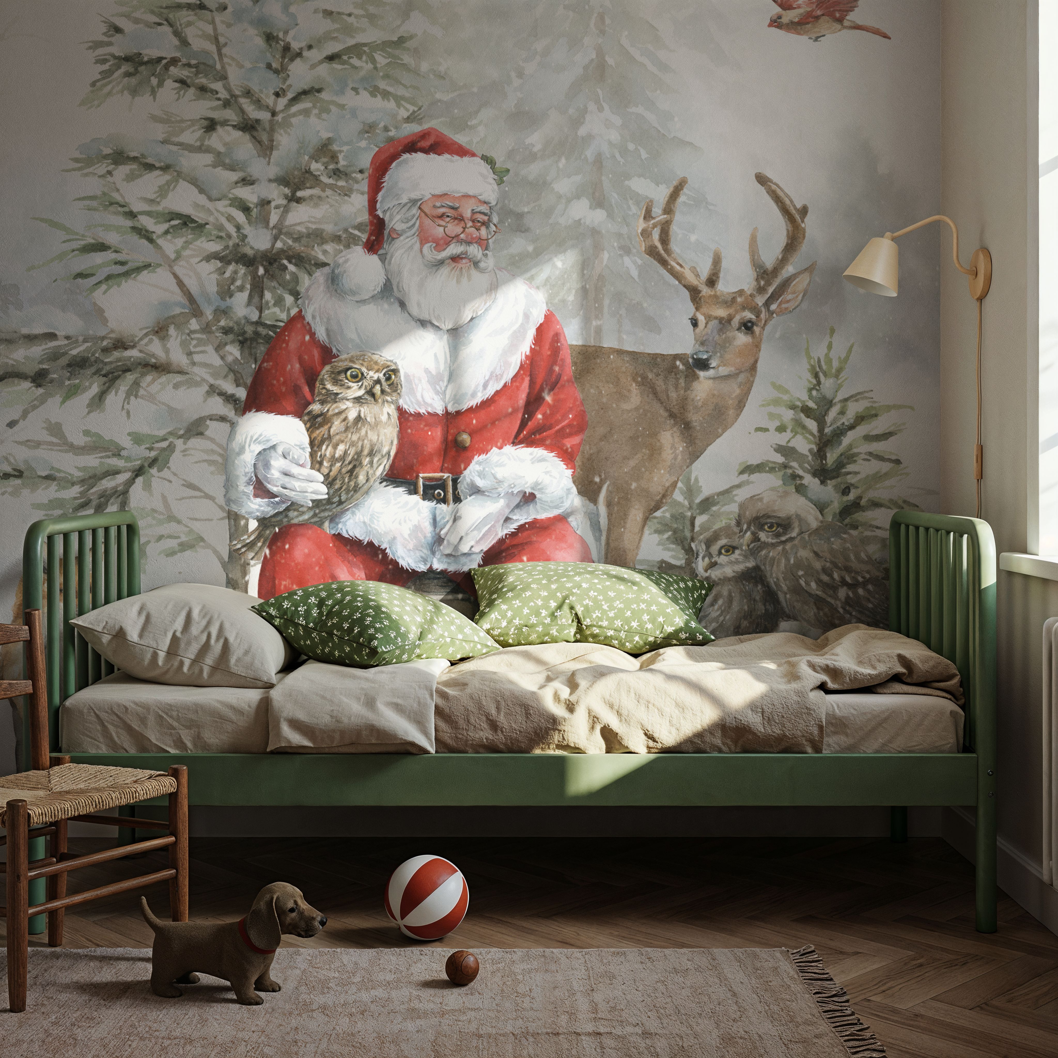 Wall Mural - Woodland Santa II - Birds Animals mural wallpaper - Red - Dining Room - Wallism US - Premium, Textured or Peel & Stick