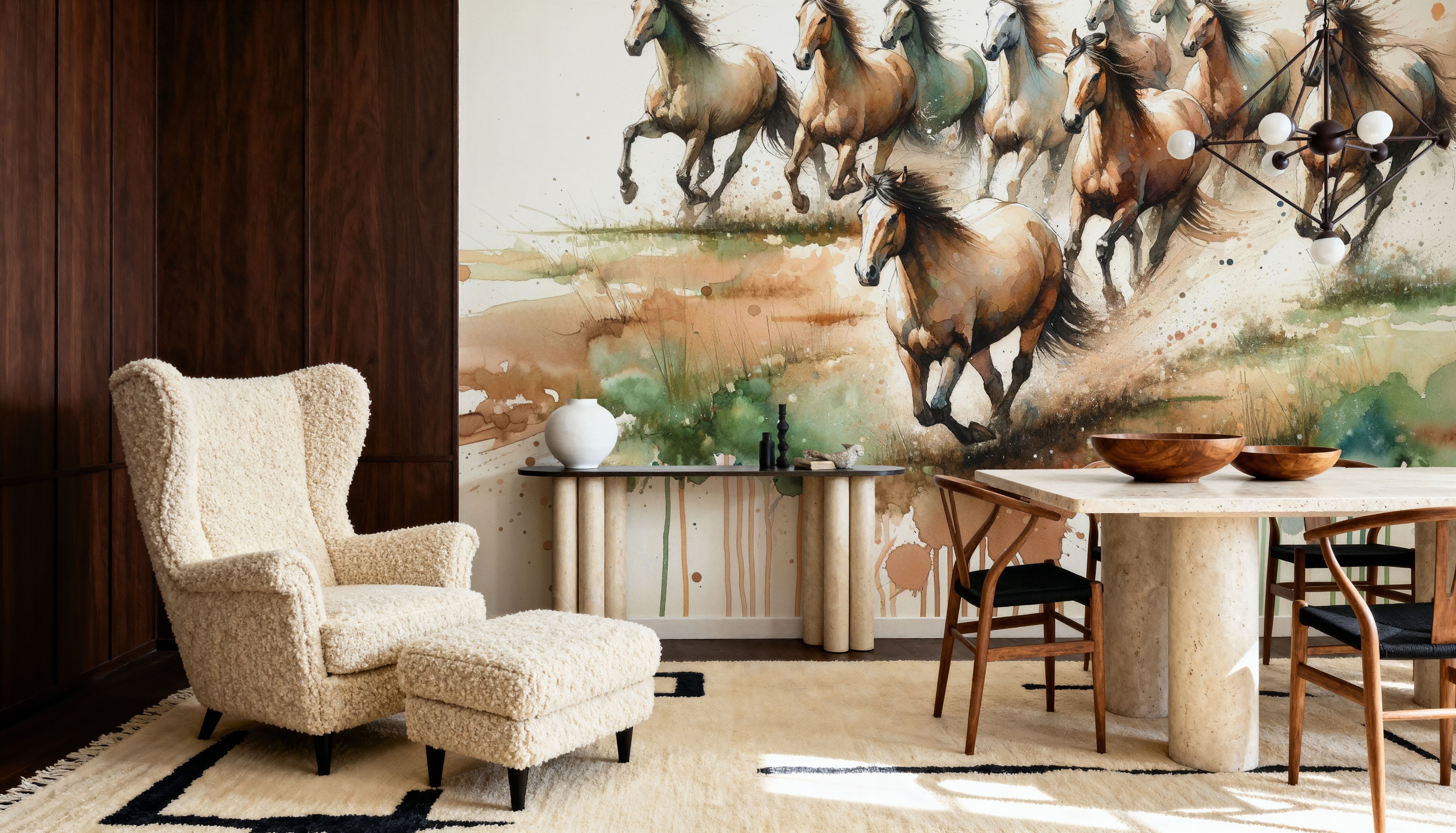 Horses Galloping Field Watercolor