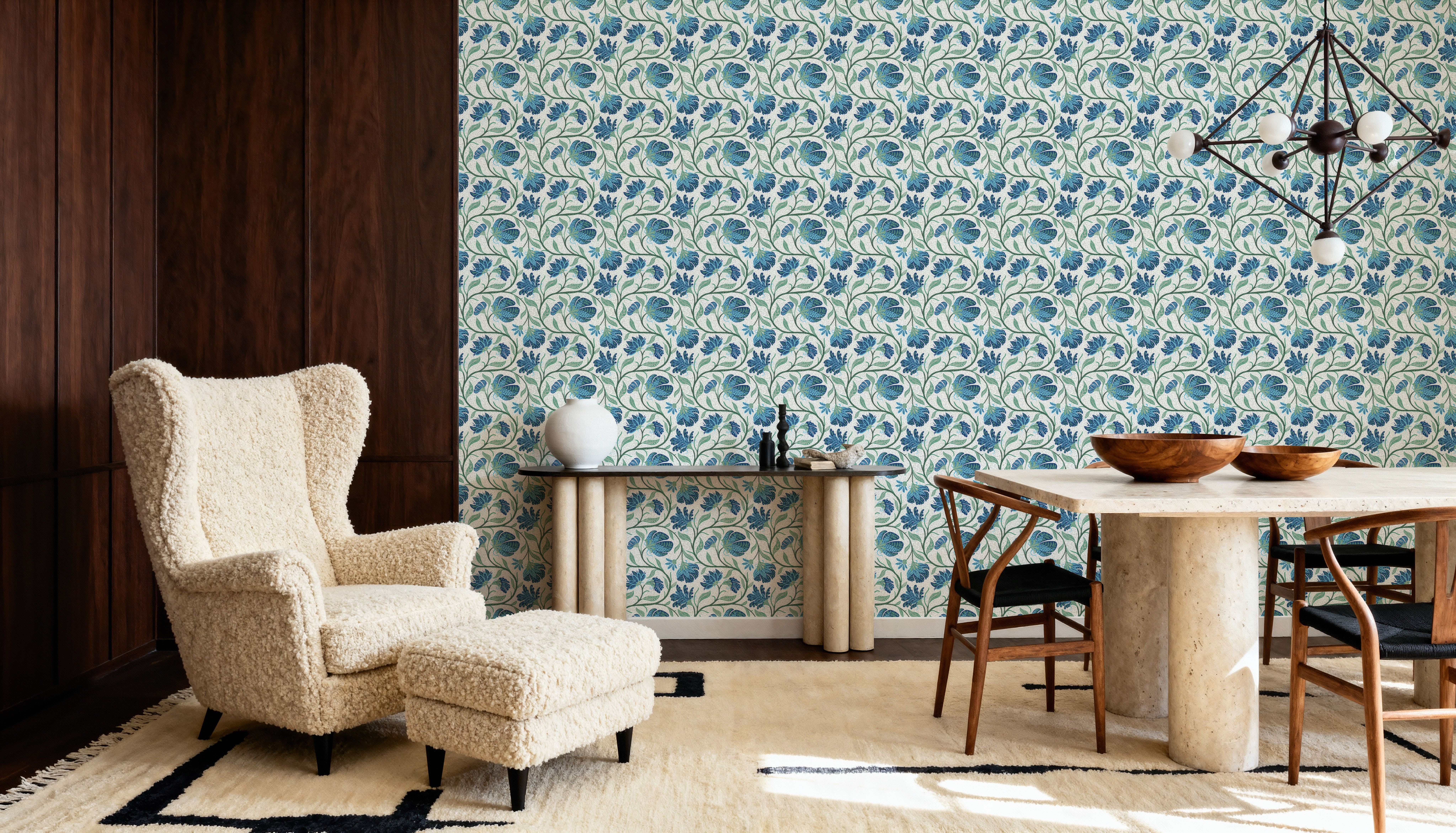 Indial Floral, Teal on Cream