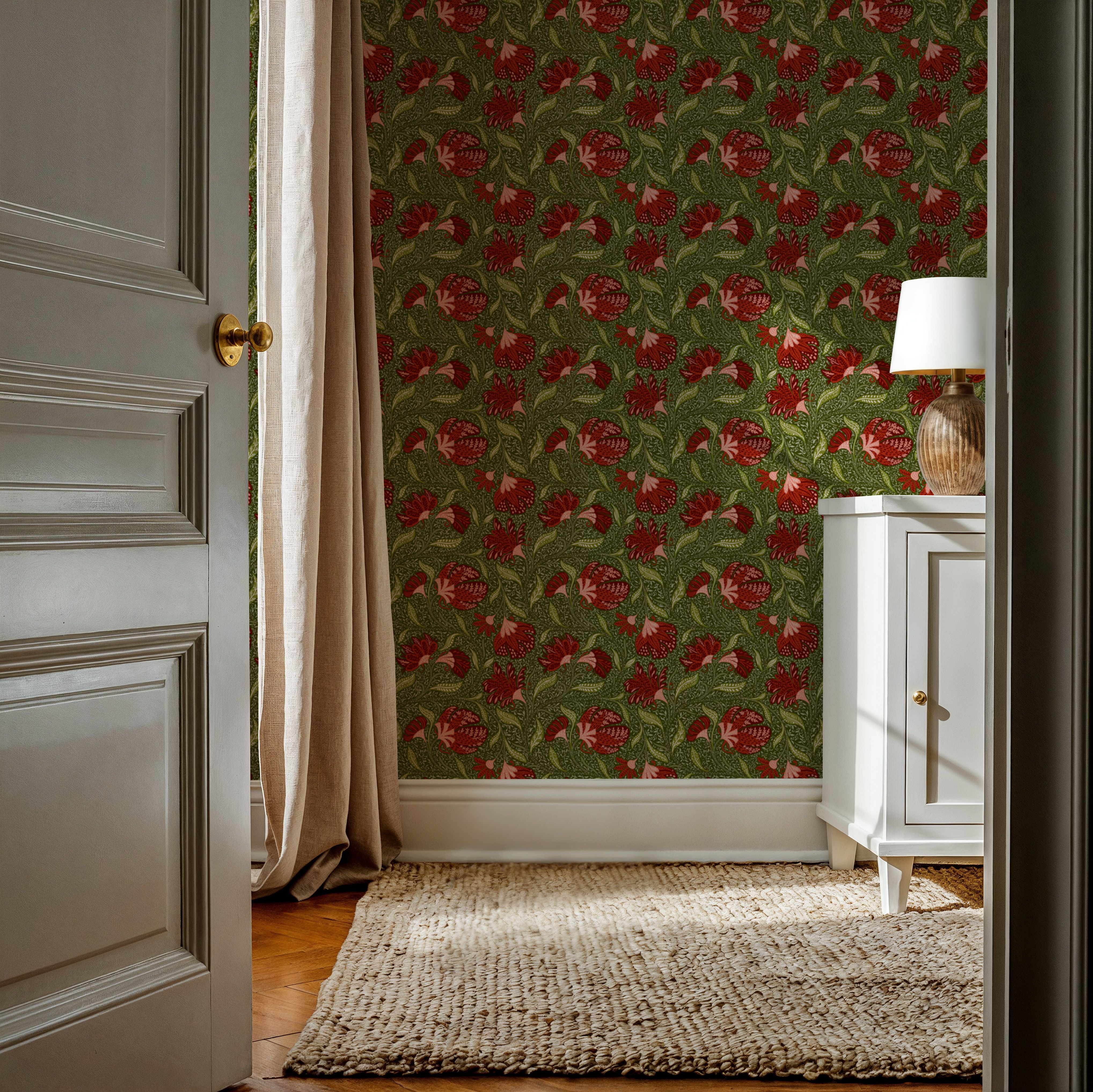 Indial Floral, Vermilion on Olive
