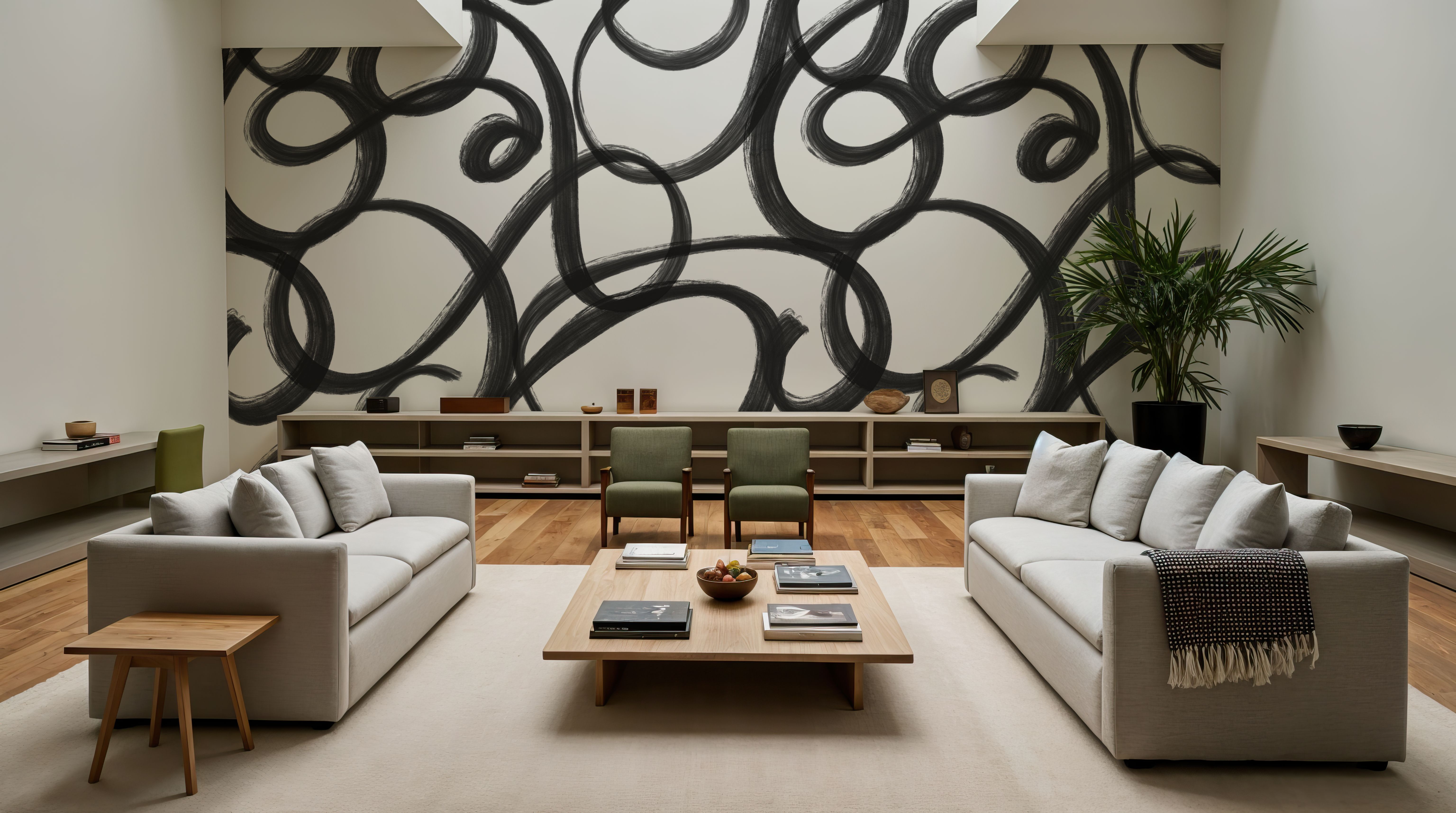 Curly Brush Lines, Black, Papier peint