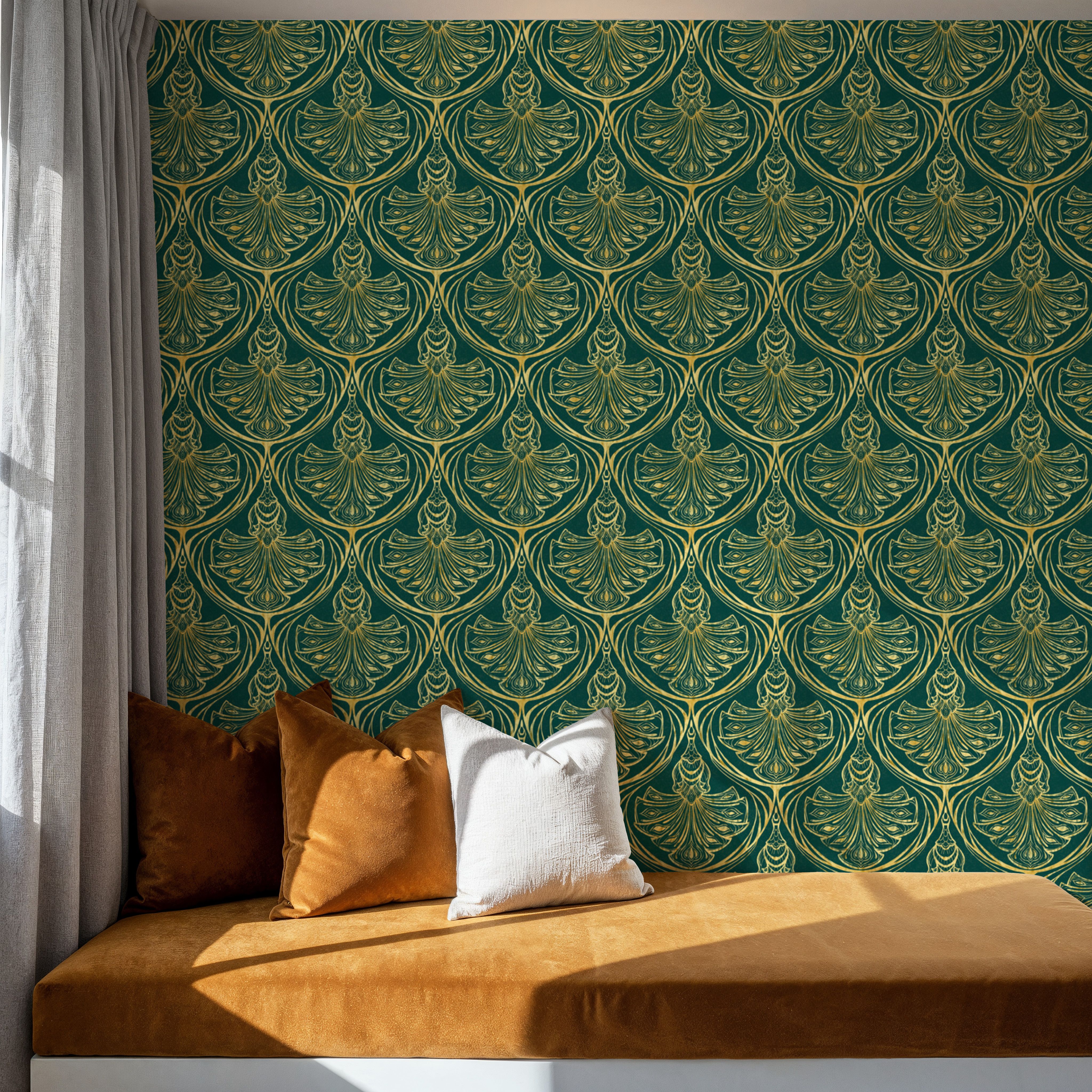Art Deco Peacock Scallops, Emerald