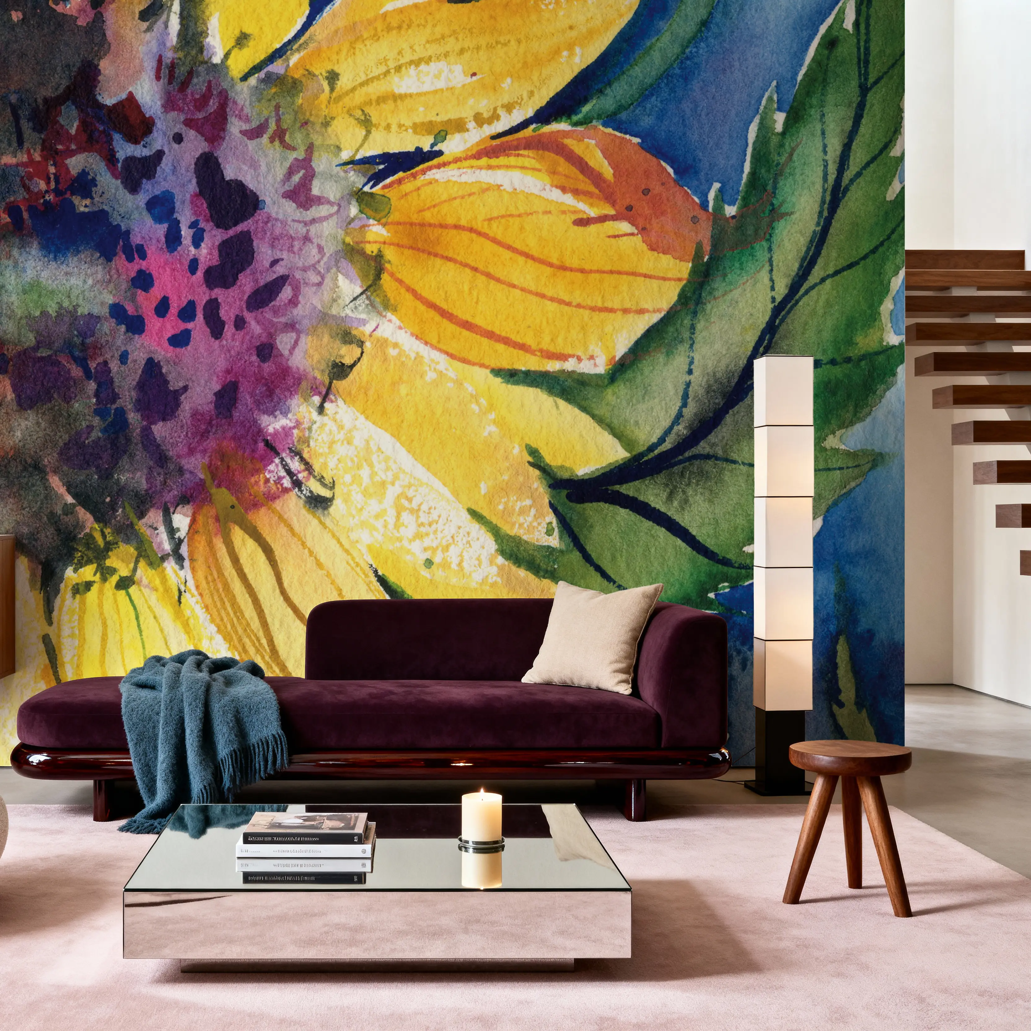 Papier Peint Panoramique - Sunny - Contemporain Floral - Jaune - Chambre - Wallism Belgique - Encollage au mur ou Autocollant