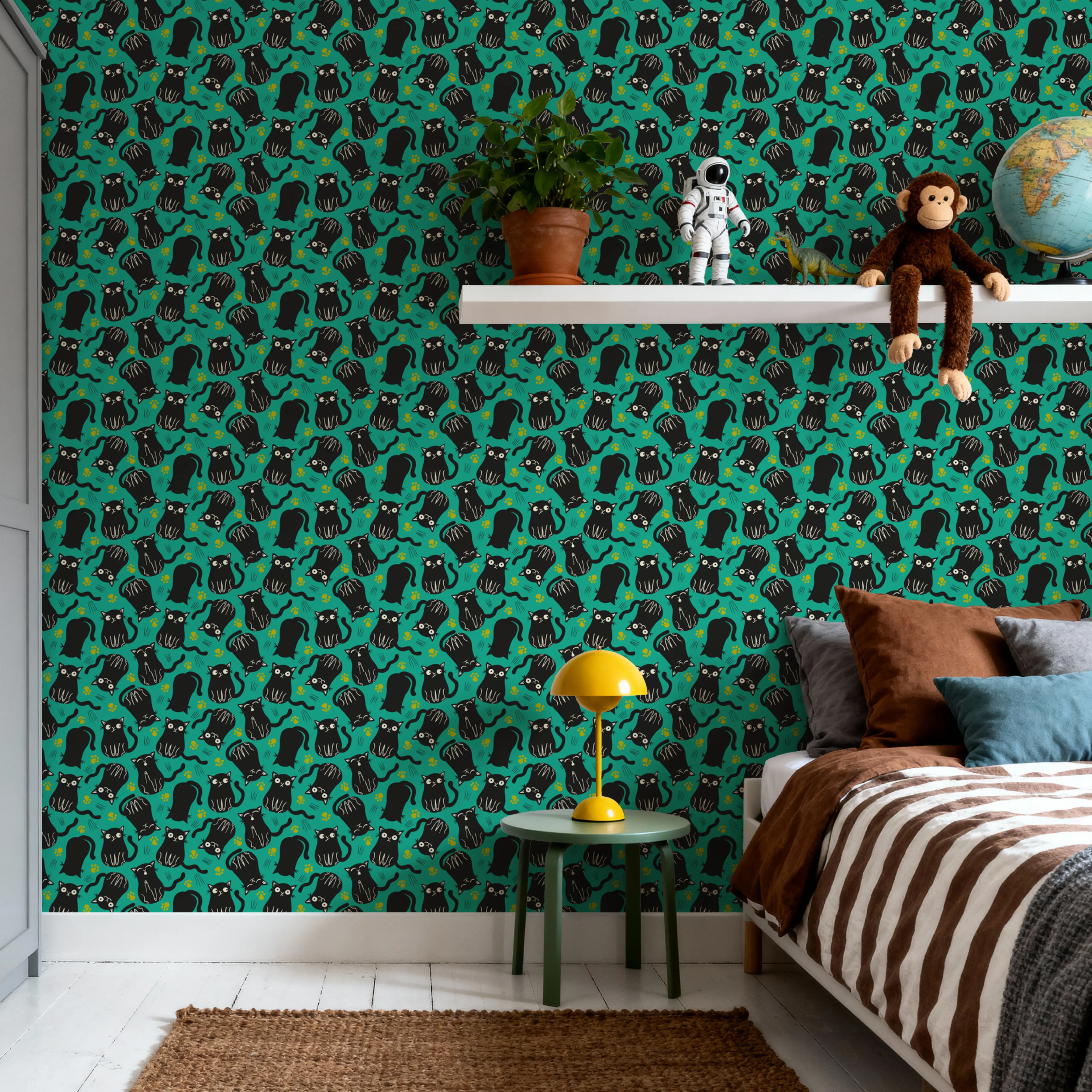 Wallpaper - Funny Felines - Graphics Animals - Blue - Kids' Room - Wallism UK - Peel & Stick or Paste-the-Wall