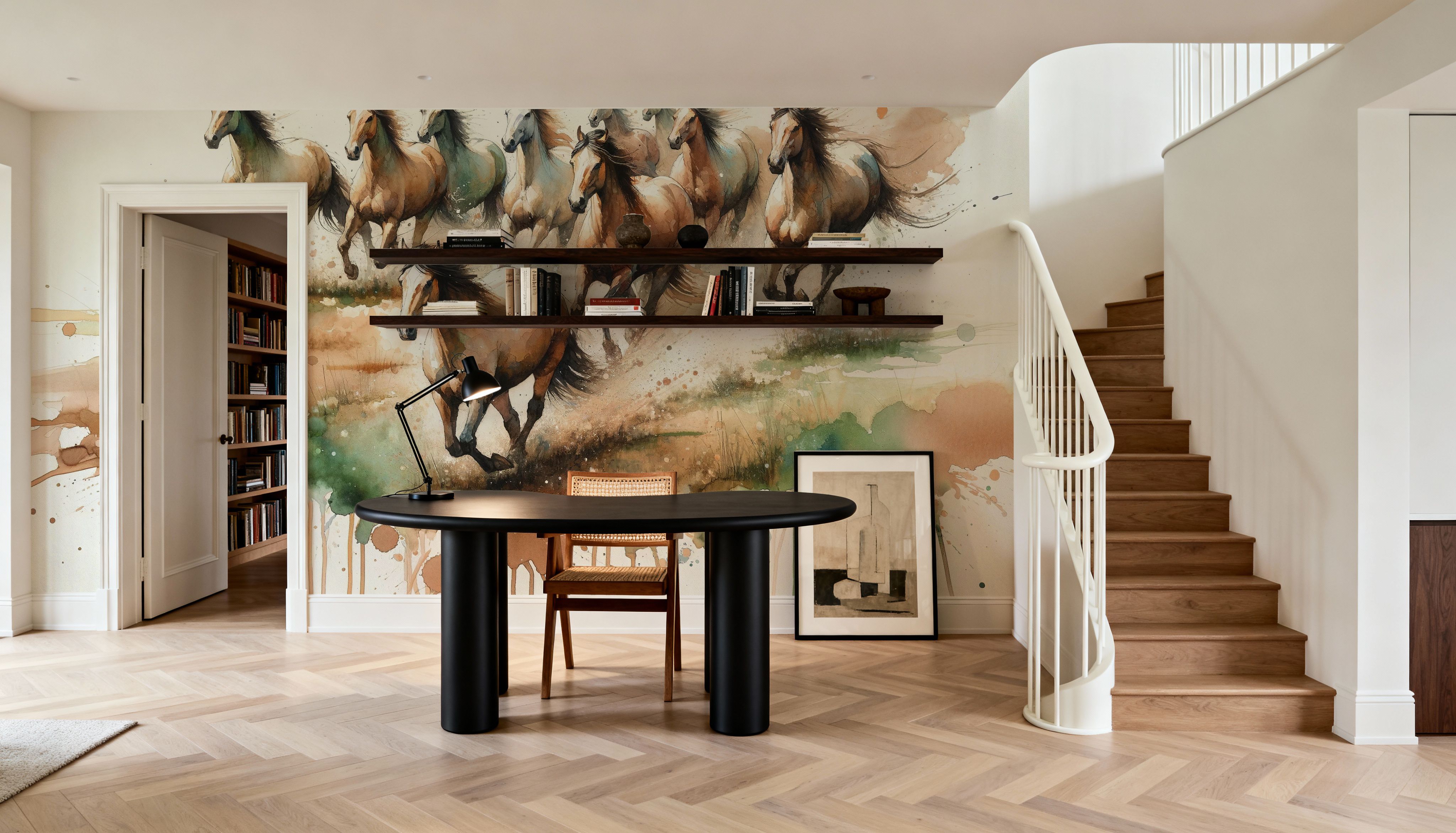 Horses Galloping Field Watercolor