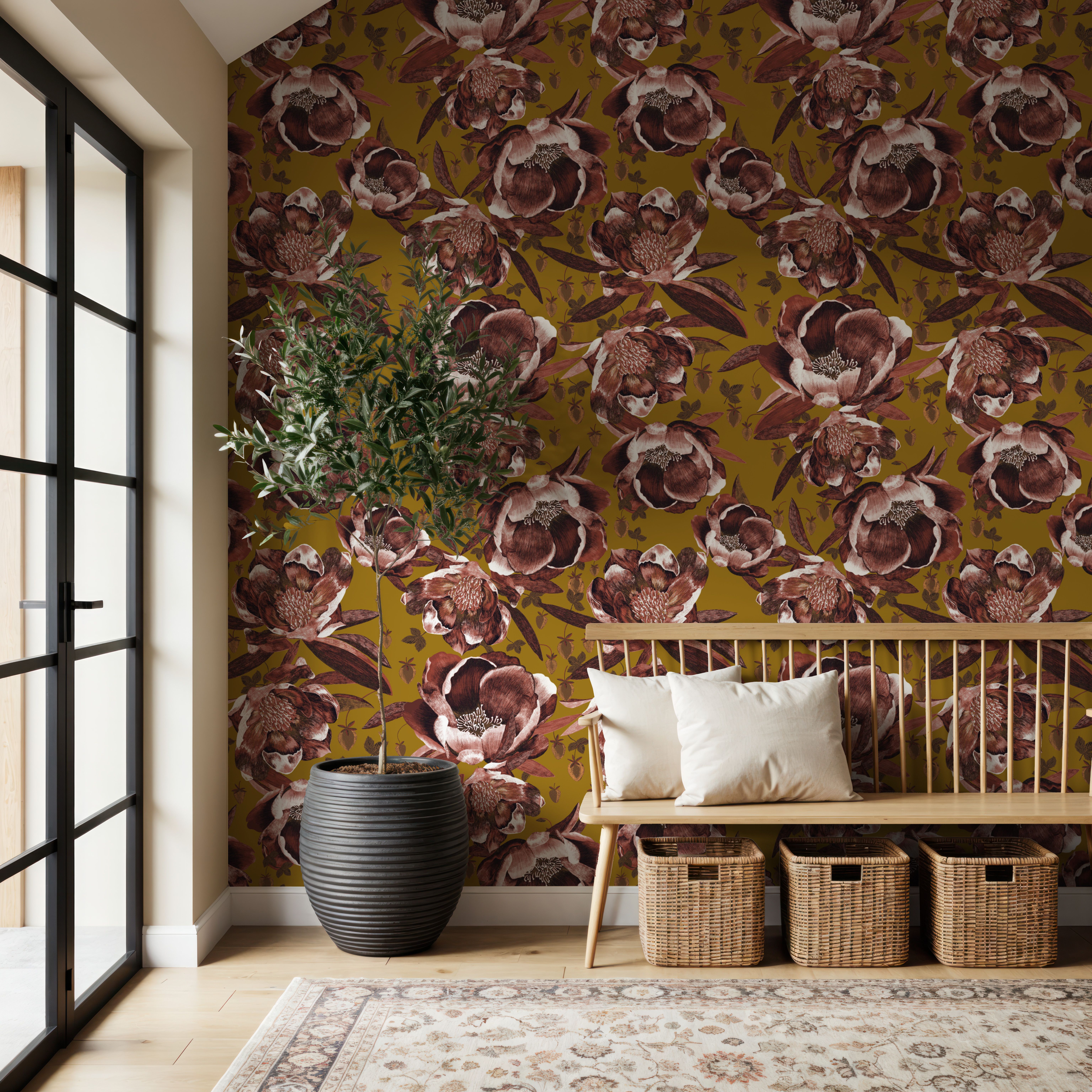 Pop Peonies, Rust & Mustard, Wallpaper