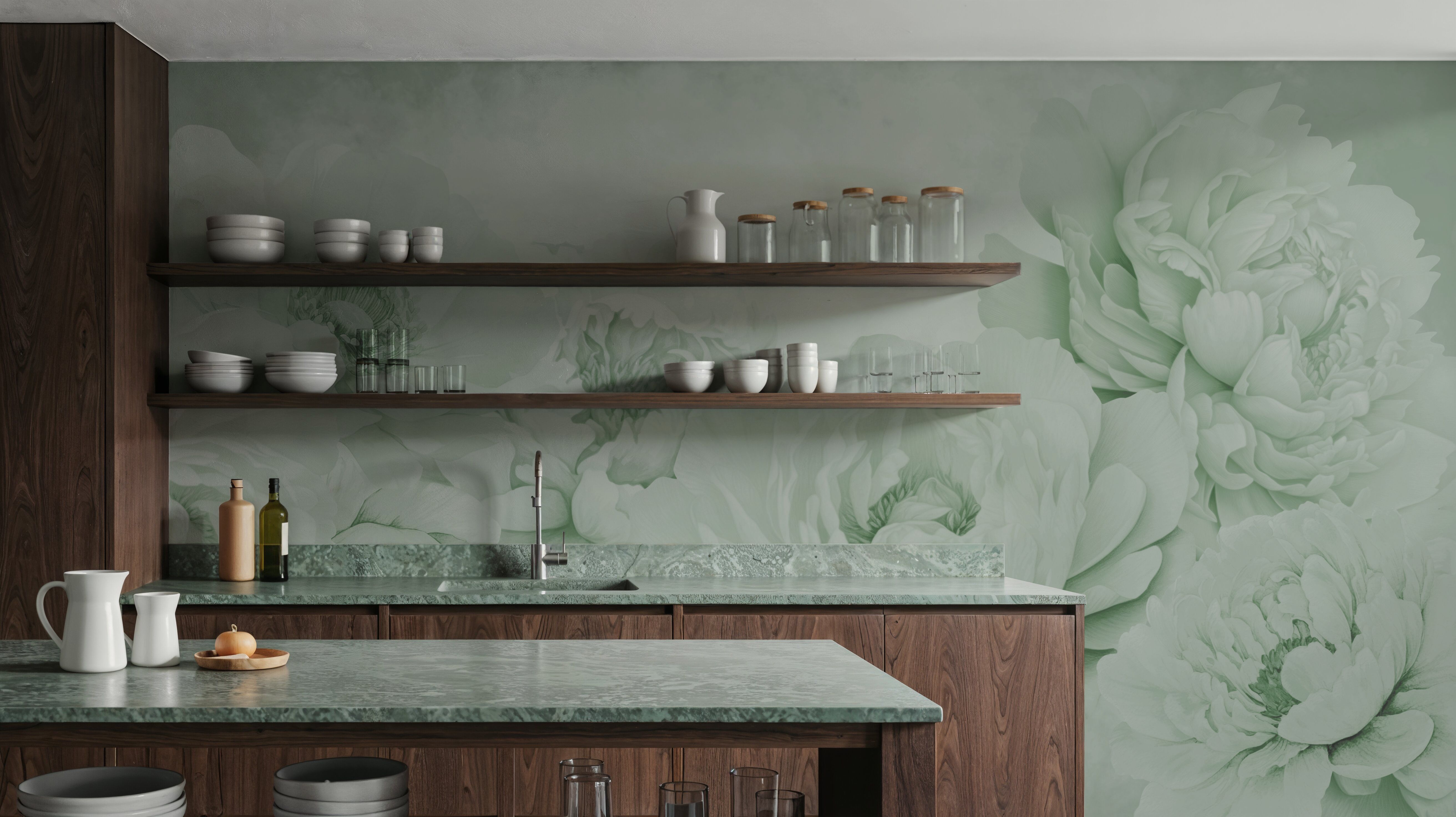 Transcendent Peony, Pistachio, Wallpaper