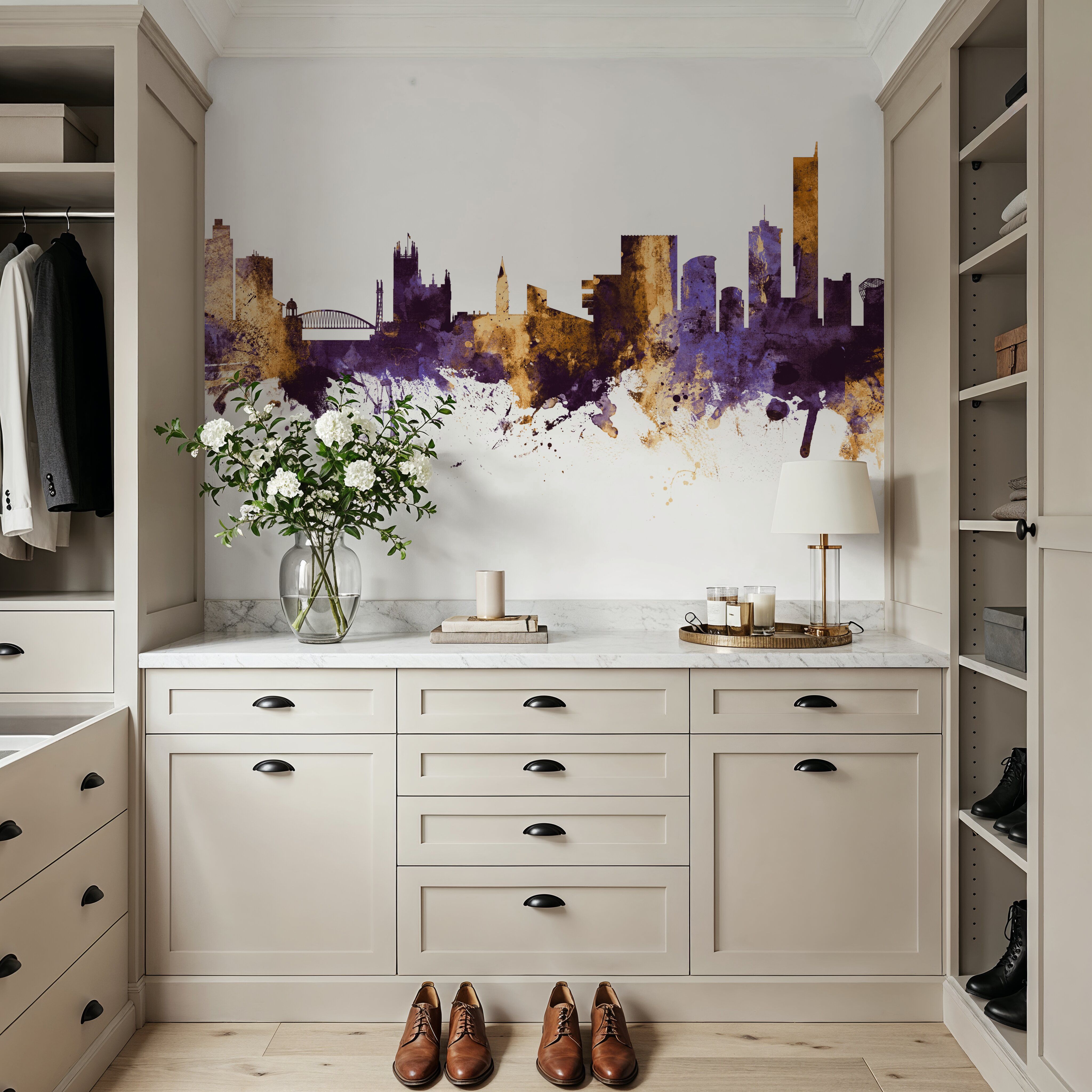 Manchester England Skyline Purple & Gold