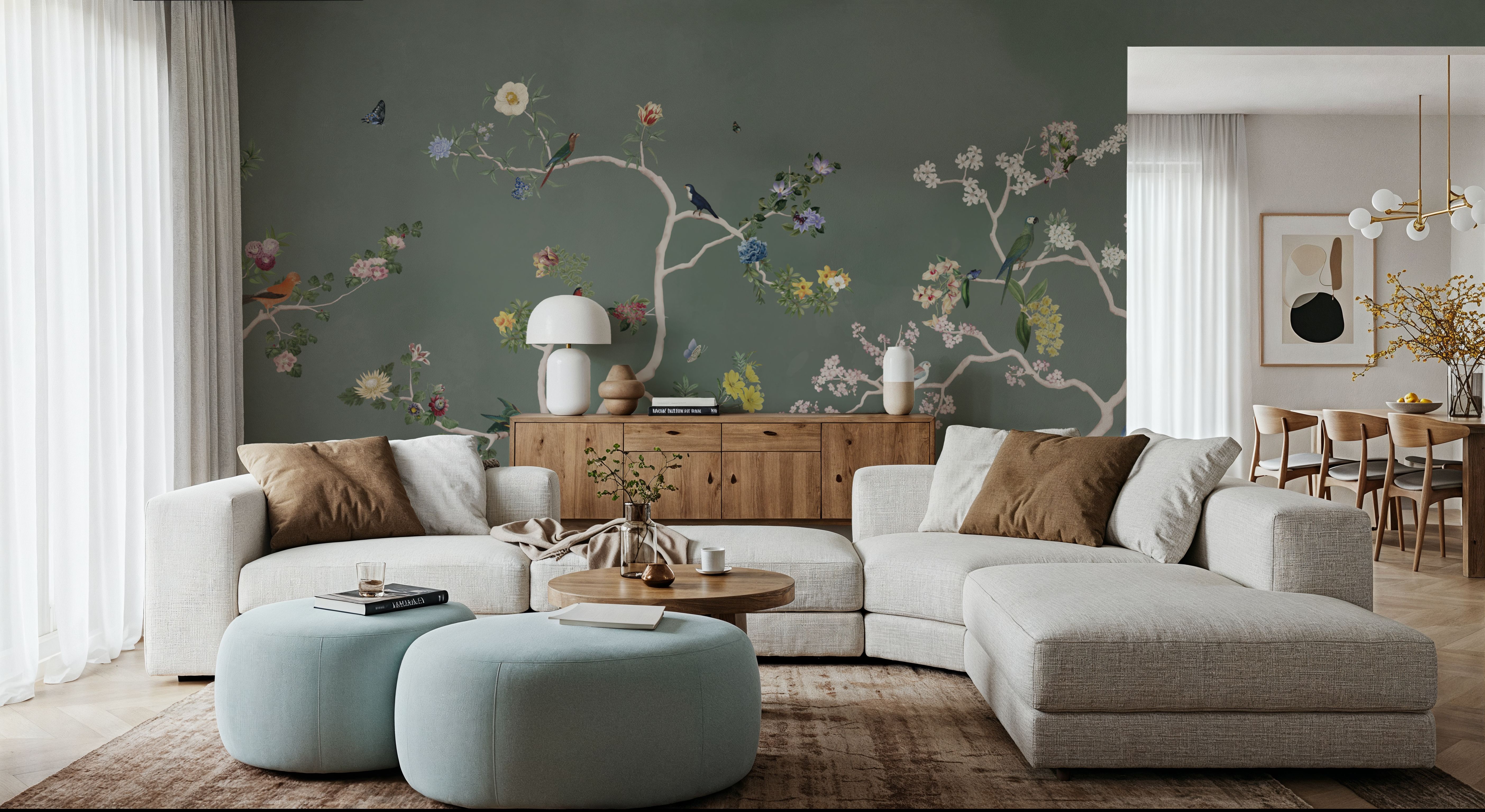 Birds in the Garden Dark Green, Behang