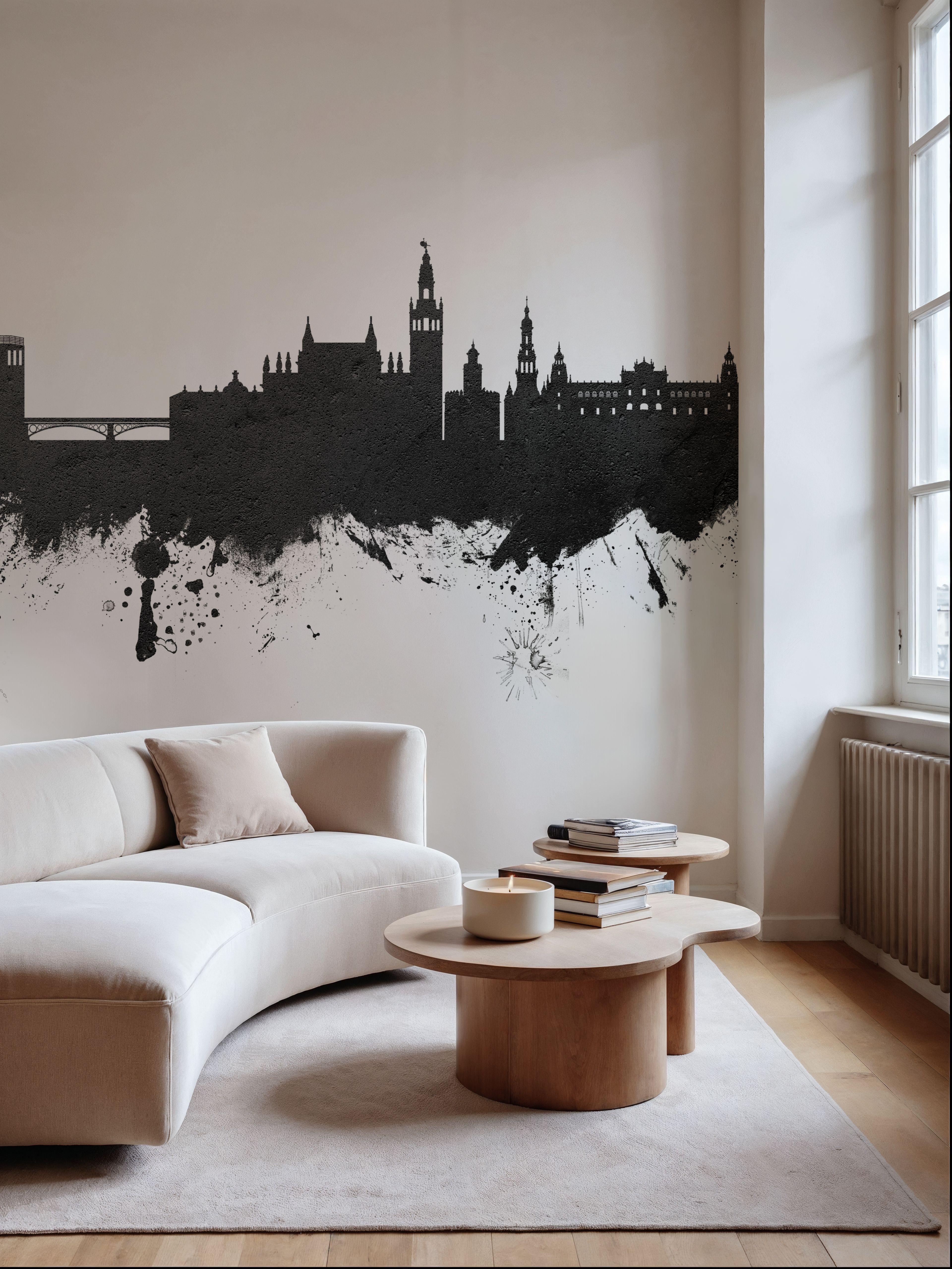 Wall Mural - Sevilla Skyline Black & White - Graphics mural wallpaper - Gray - Hallway staircases - Wallism US - Premium, Textured or Peel & Stick