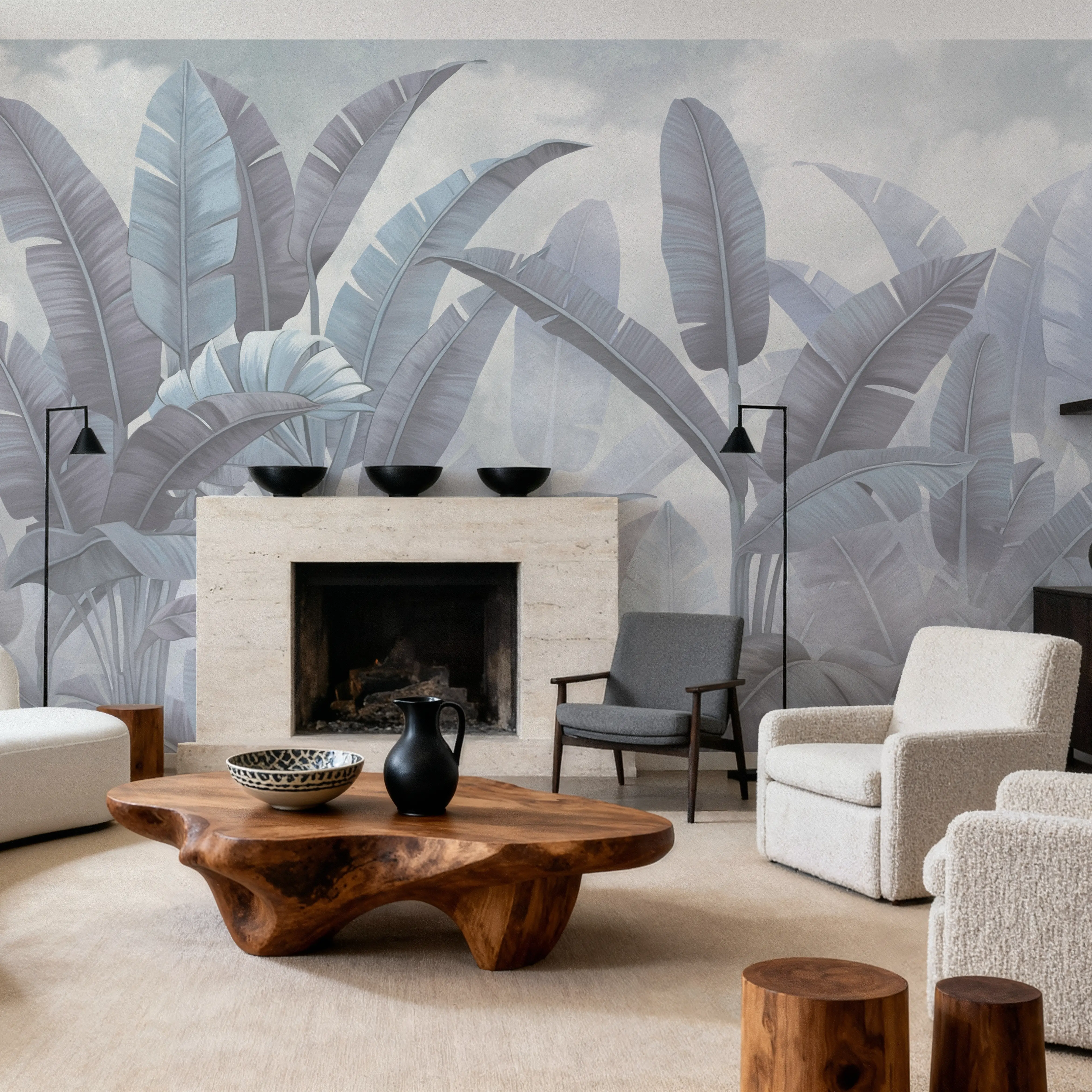 Papier Peint Panoramique - Banana Palms, Stone - Feuillage Paysages - Bleu - Bureaux - Wallism Belgique - Encollage au mur ou Autocollant