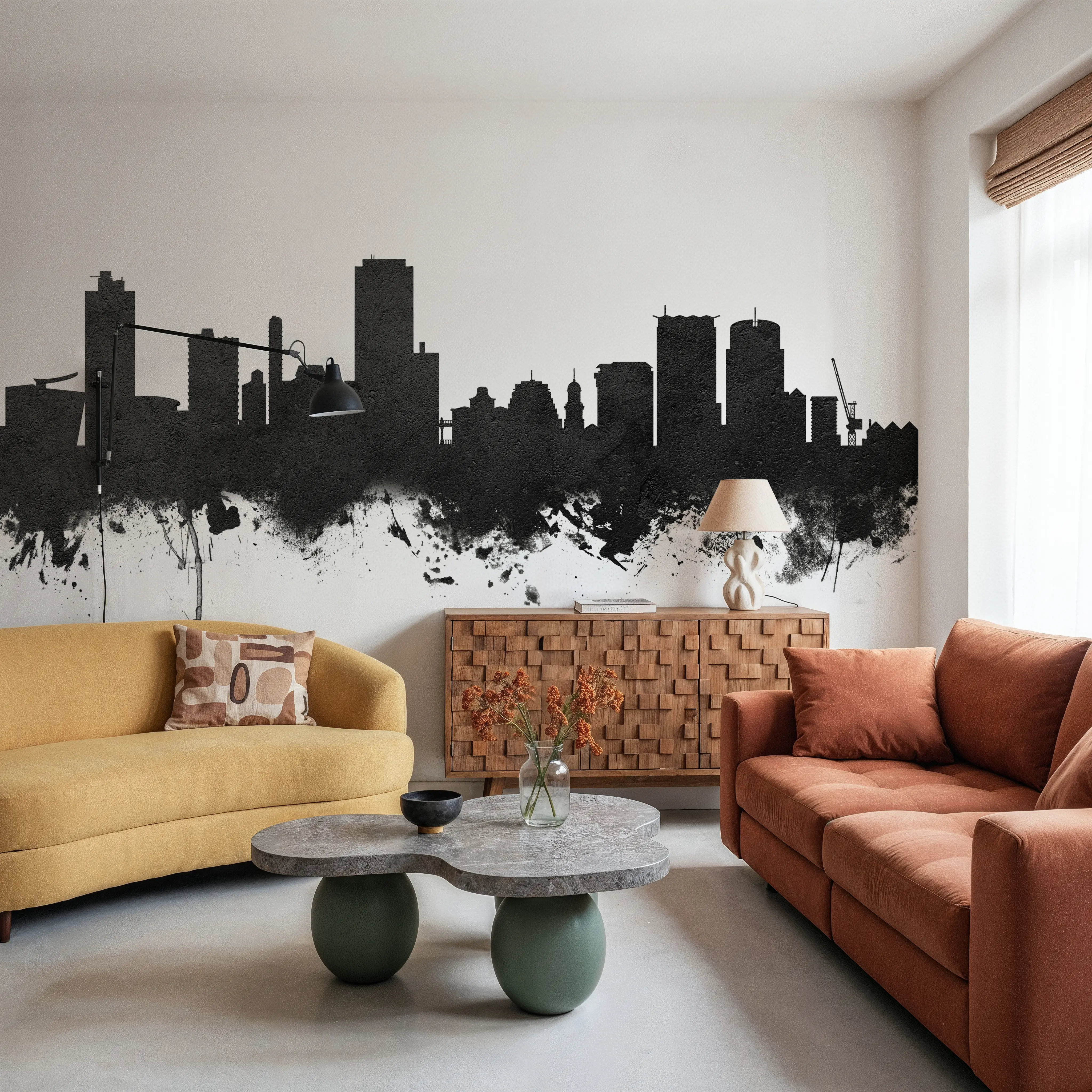 Wall Mural - Wellington New Zealand Skyline Blck & White - Abstract mural wallpaper - Gray - Offices - Wallism UK - Peel & Stick or Paste-the-Wall
