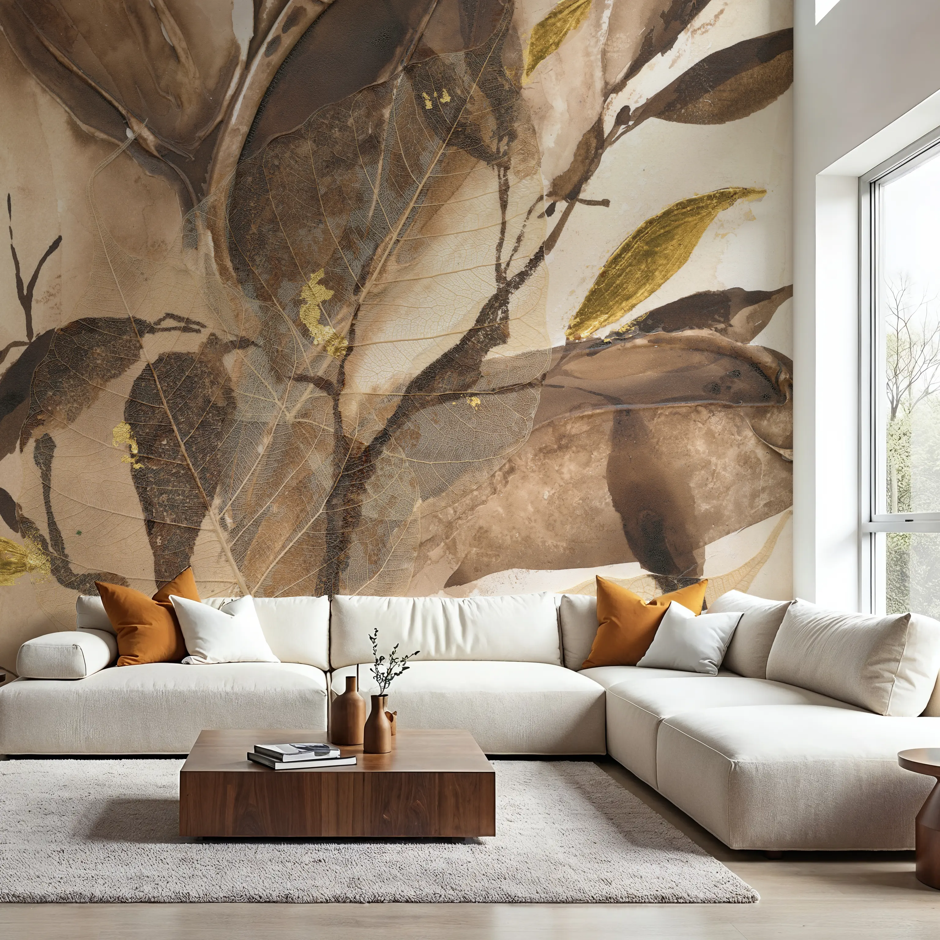 Papier Peint Panoramique - Gilded Leaf Collage I - Abstrait Nature - Marron - Salle à manger - Wallism Belgique - Encollage au mur ou Autocollant