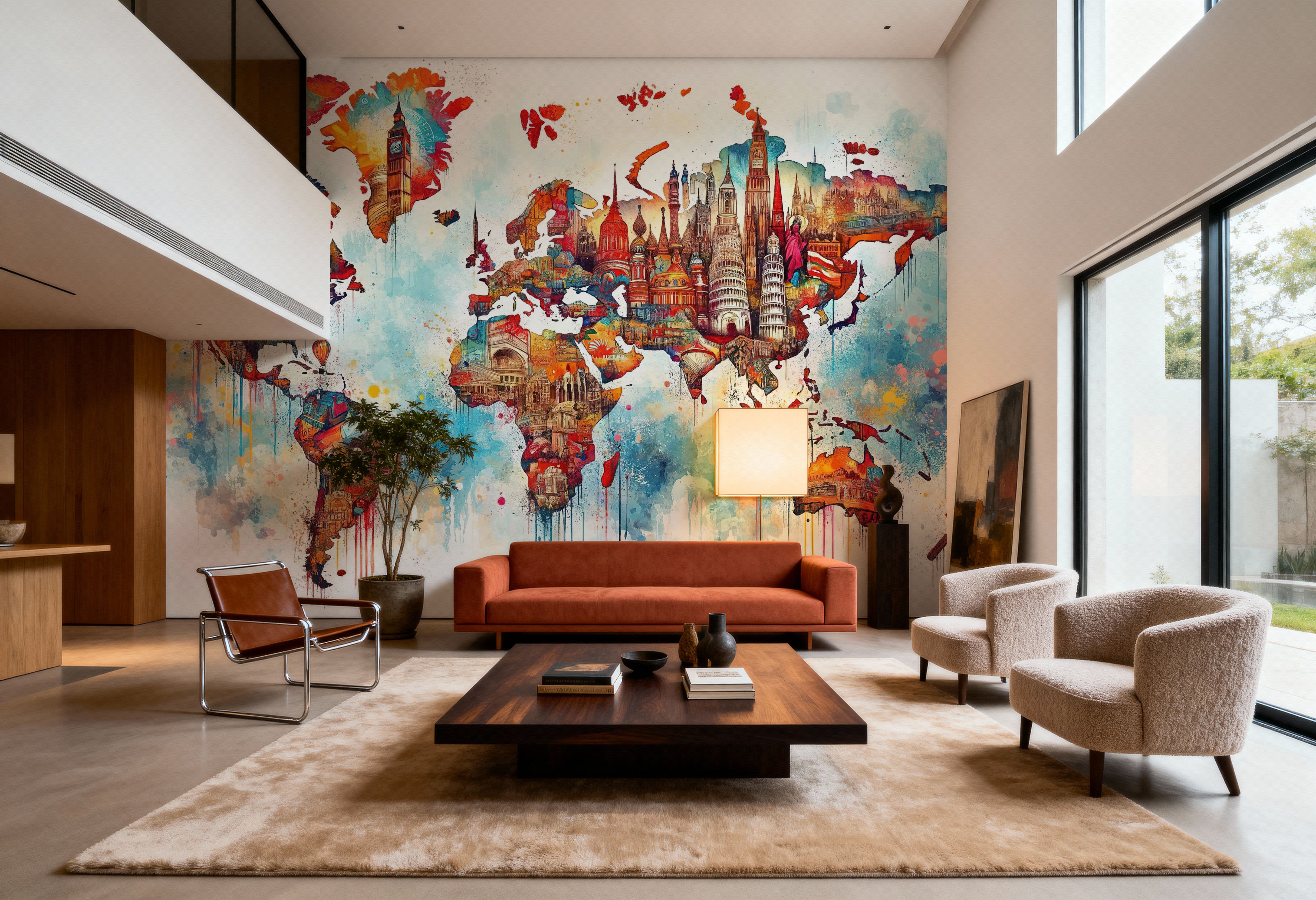 Watercolor World Map Landmarks