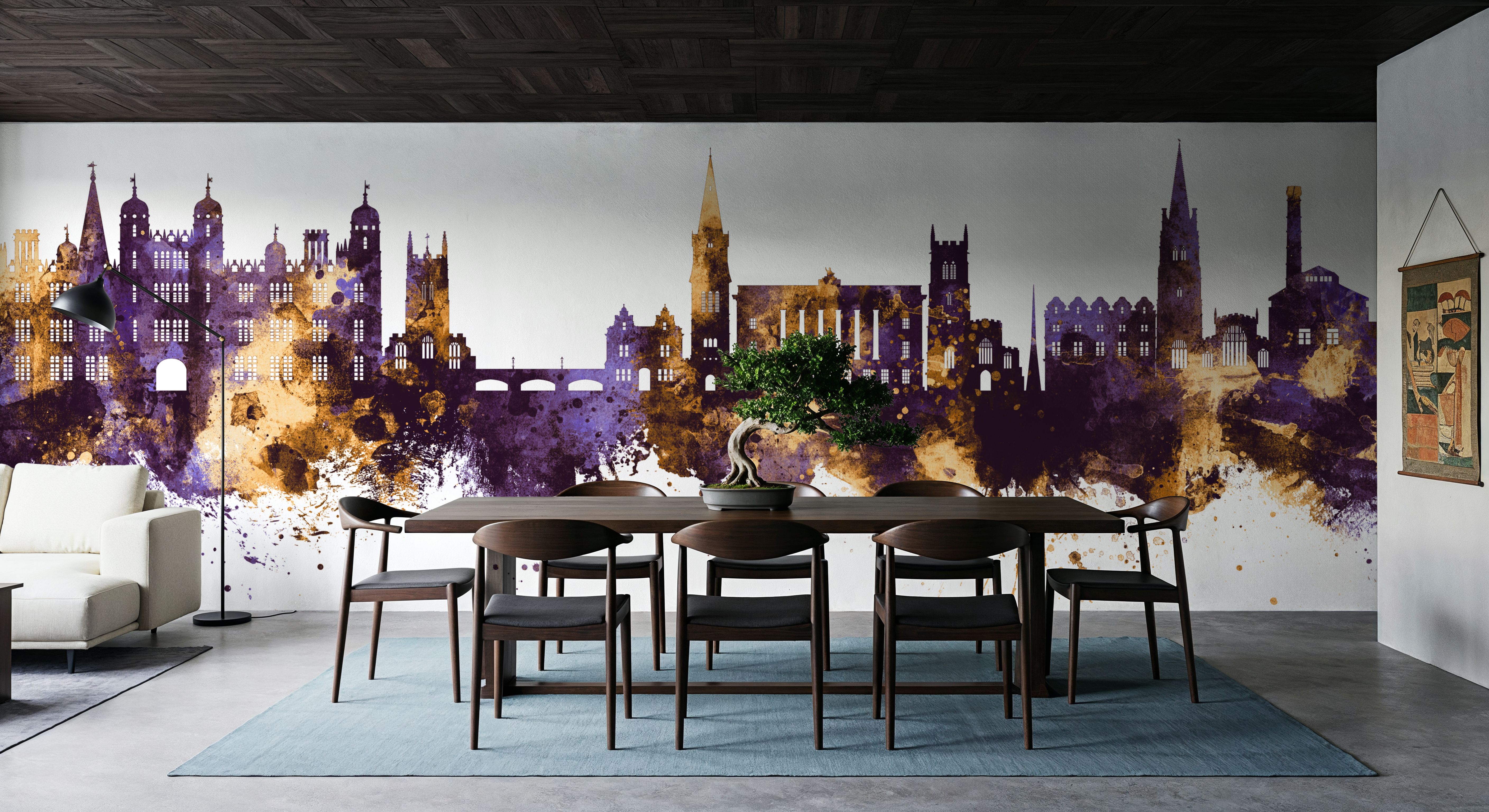 Stamford England Skyline Purple & Gold, Wallpaper