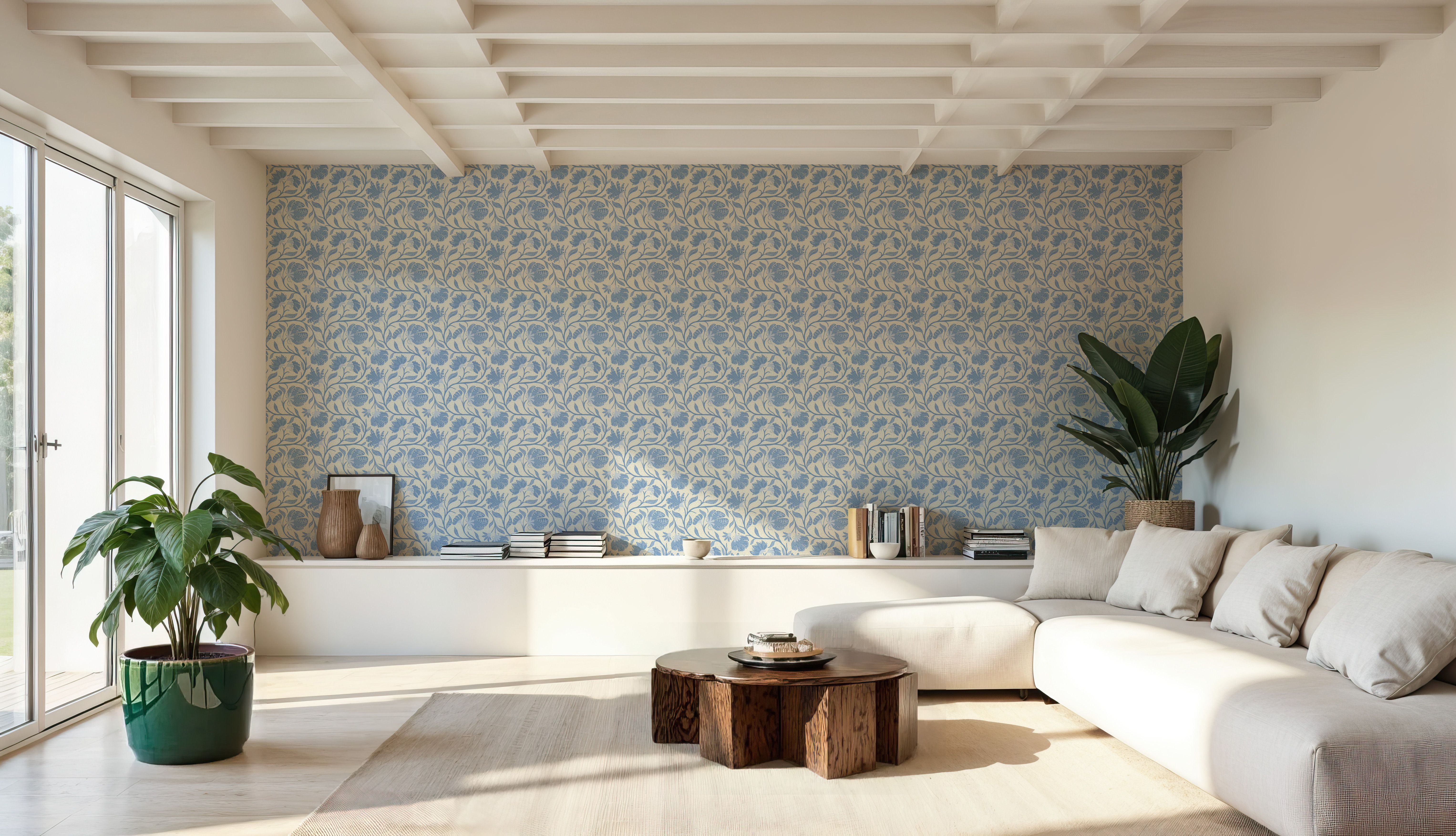 Indial Floral, Baby Blue on Cream