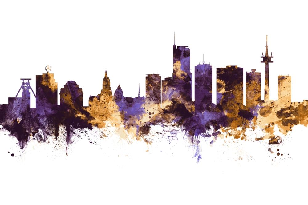 Essen Germany Skyline Purple & Gold