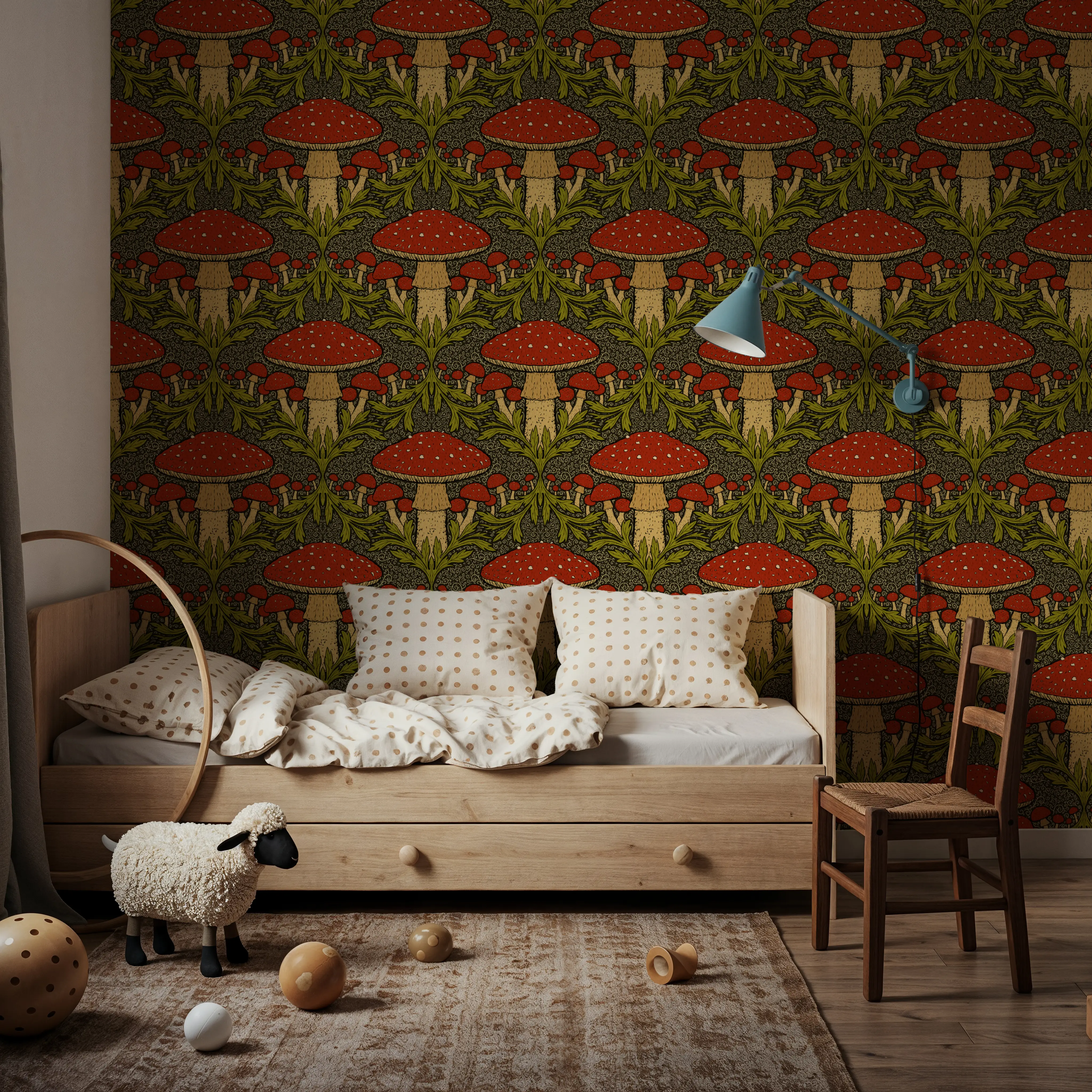 Wallpaper - Heritage Toadstool, Deep Red - Arts & Crafts Graphics - Red - Hallway staircases - Wallism UK - Peel & Stick or Paste-the-Wall