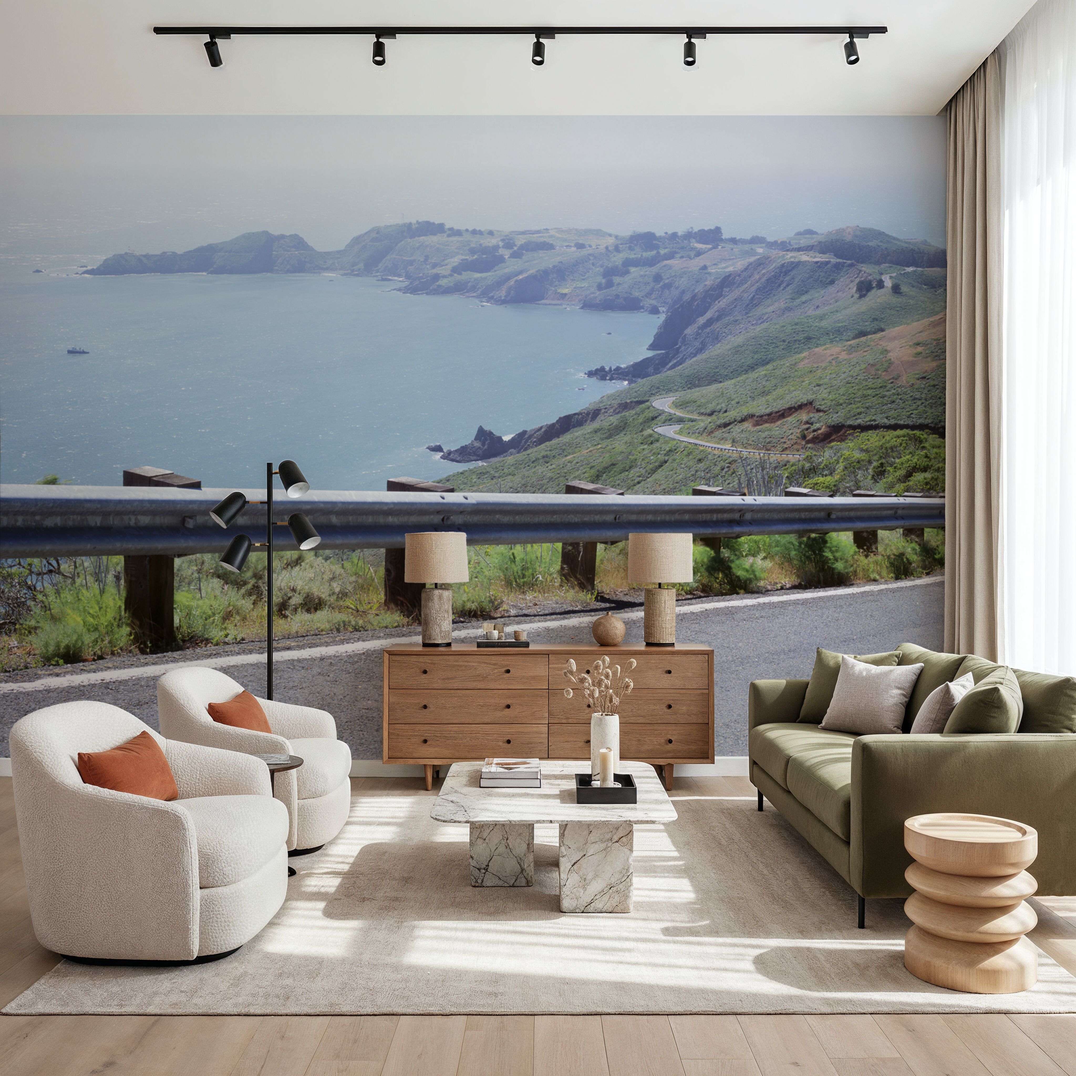 Wall Mural - Coastal Highway Bend - Coastal Landscapes mural wallpaper - Blue - Bedroom - Wallism US - Premium, Textured or Peel & Stick