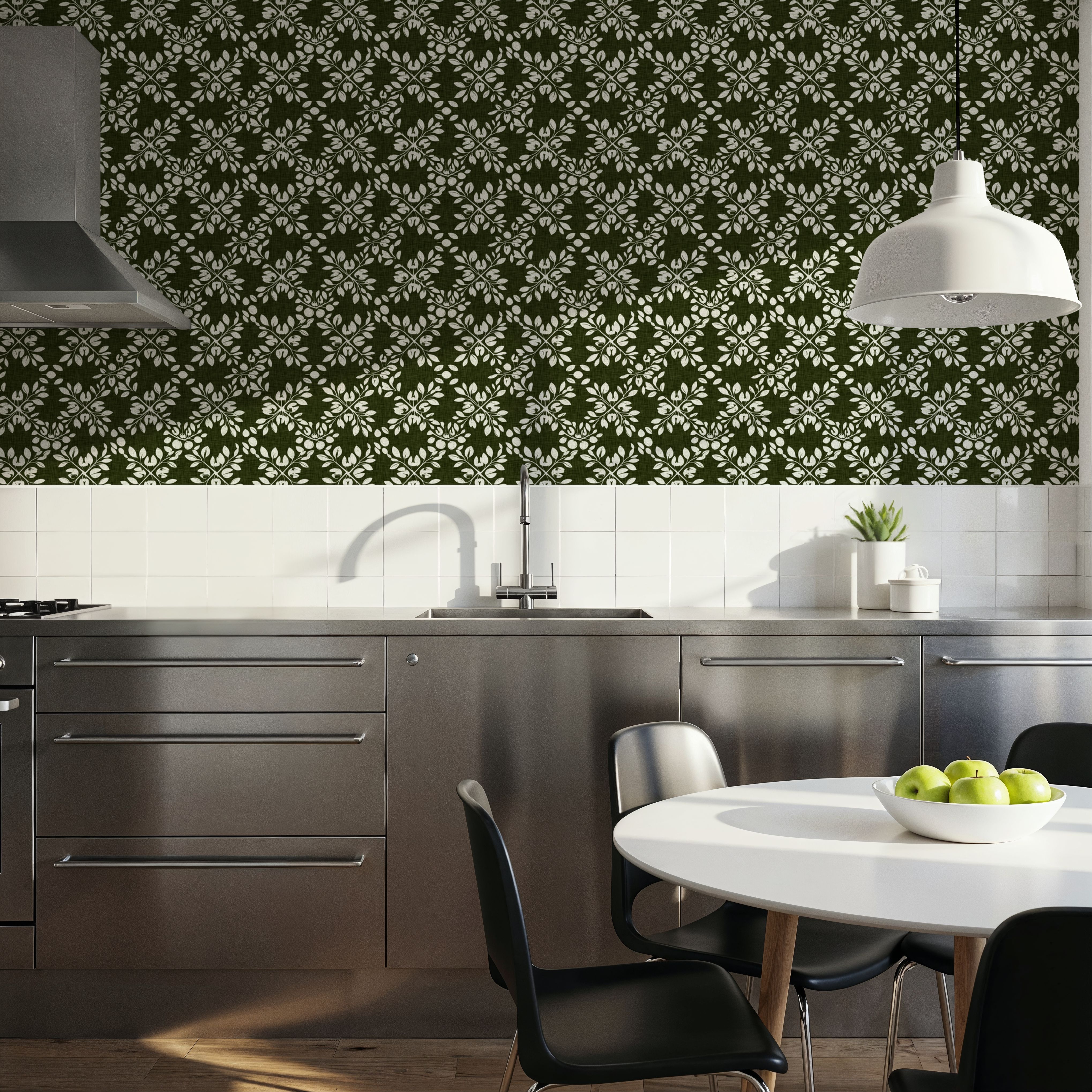 Trellis Leaves, Forest Green, Wallpaper