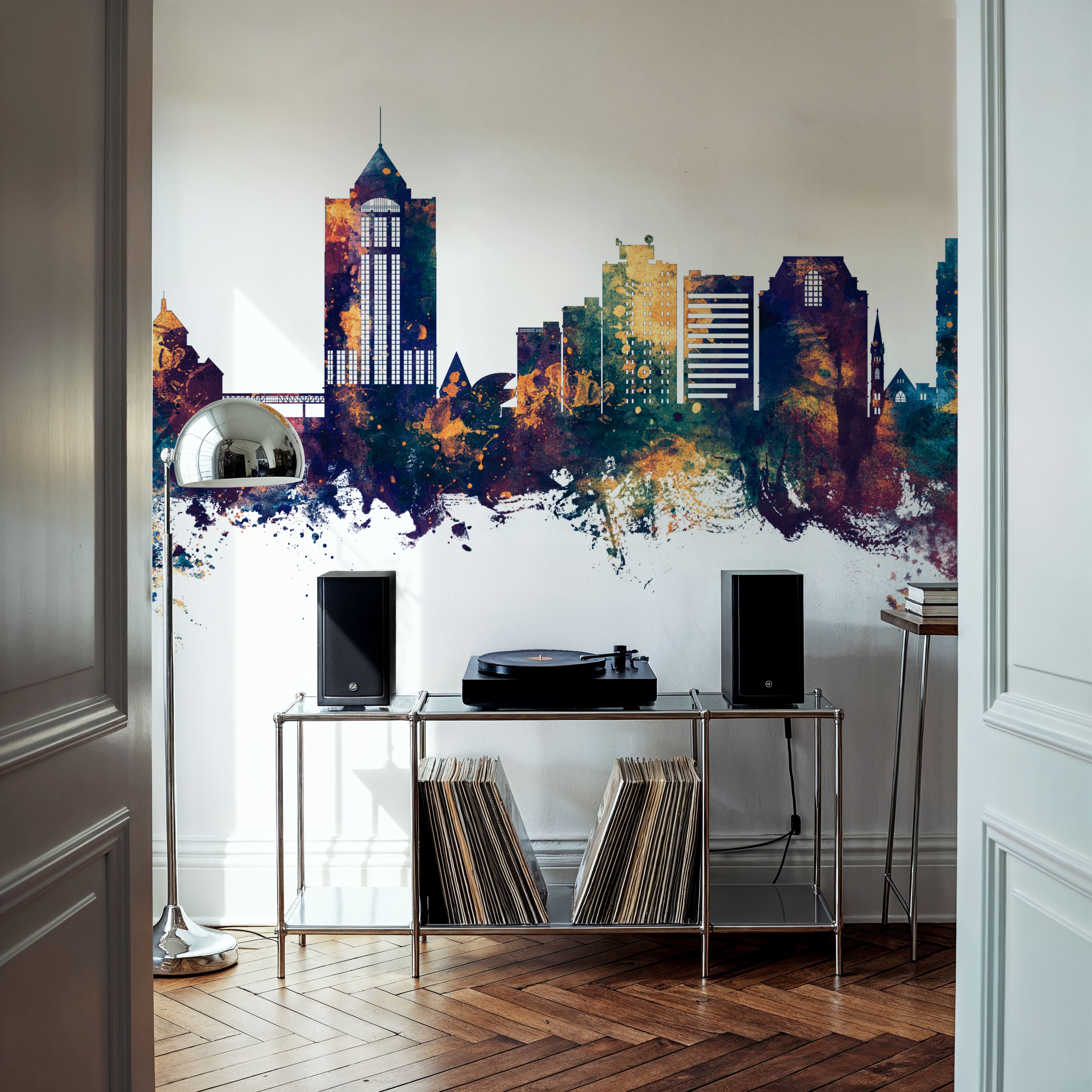 Wall Mural - Roanoke Virginia Skyline Blue & Bronze - Contemporary mural wallpaper - Hallway staircases - Wallism US