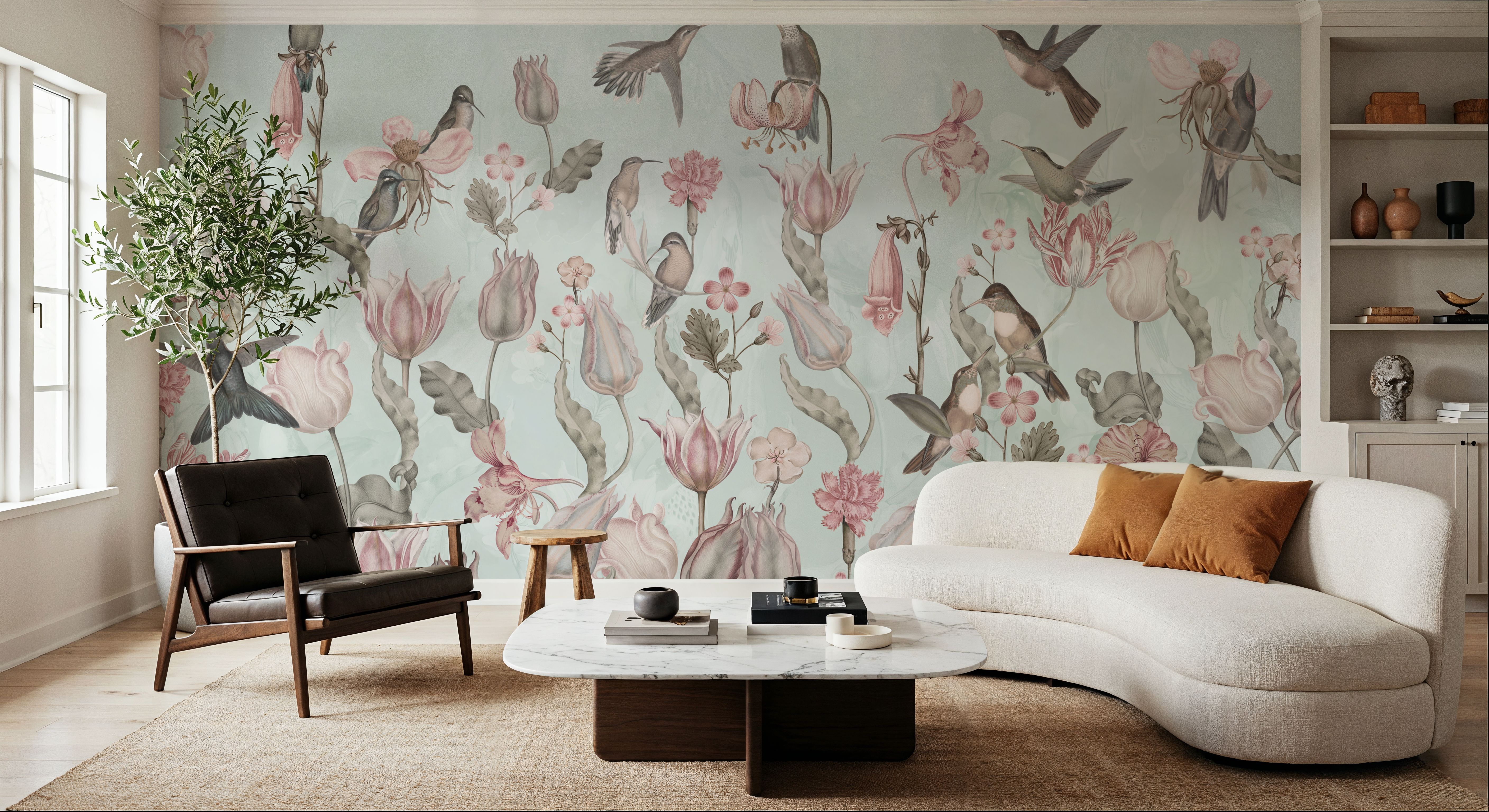 Tulips & Birds, Pistachio, Wallpaper