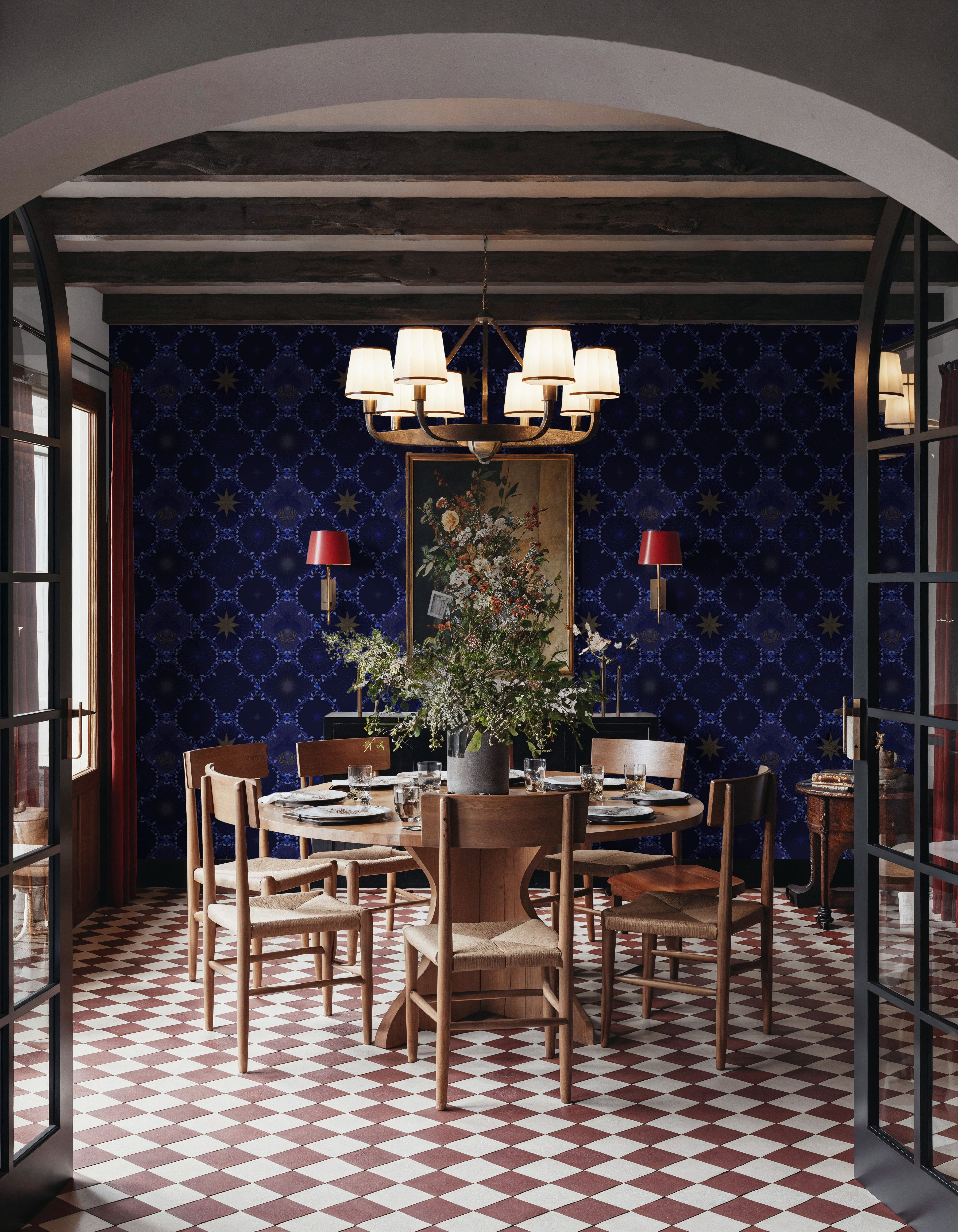 Ornamental Fireflies, Indigo, Wallpaper