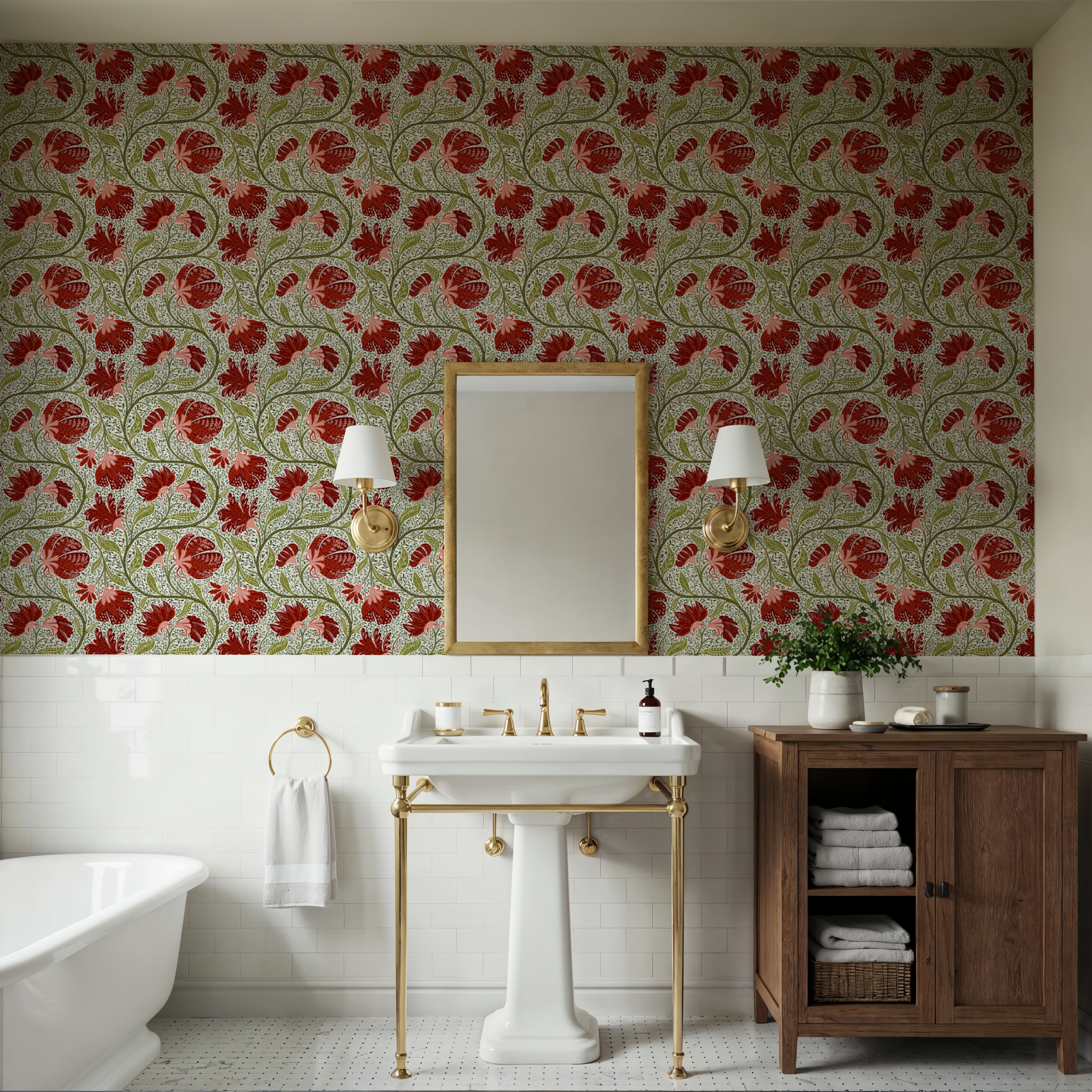 Indial Floral, Vermilion on Snow, Papier peint