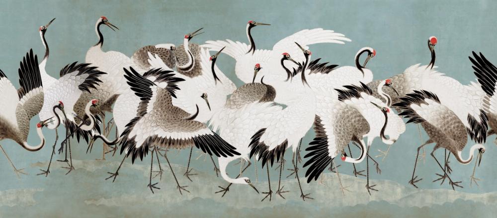 Japanese Flock of Cranes, Calm Ocean
