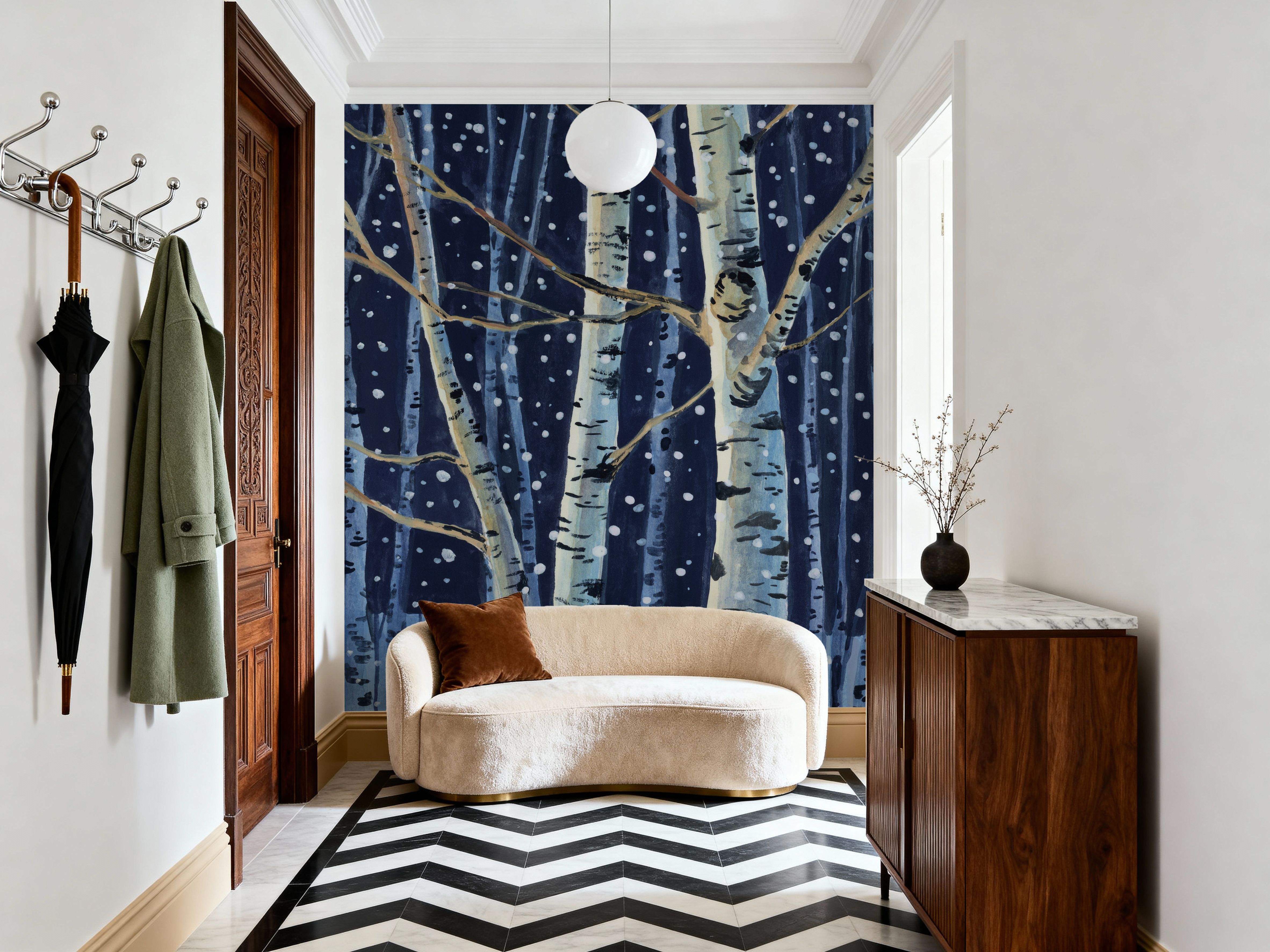 Snowy Birch Grove at Night