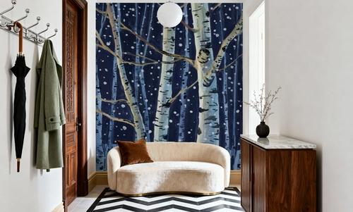 Snowy Birch Grove at Night