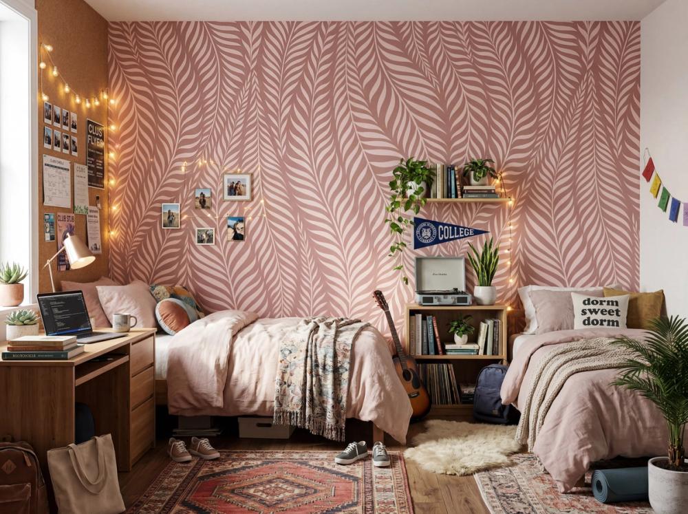 an interior photo of a girls dorm college room with a pink wallpaper mural on the back wall