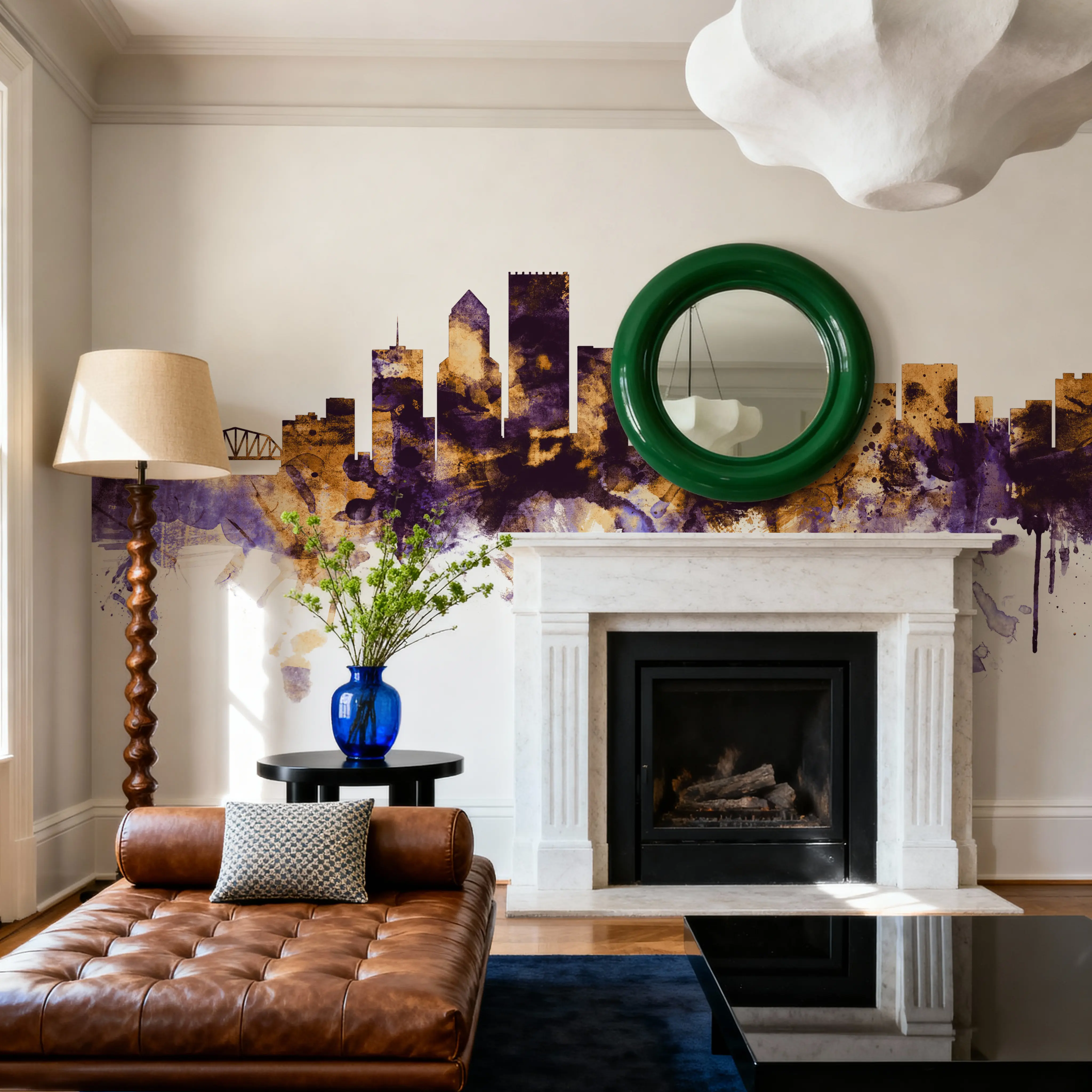 Fotobehang - Portland Oregon Skyline Purple & Gold - Hedendaagse Kunst Mural - Paars - Kantoorruimtes - Wallism Nederland - Zelfklevend of Vliesbehang